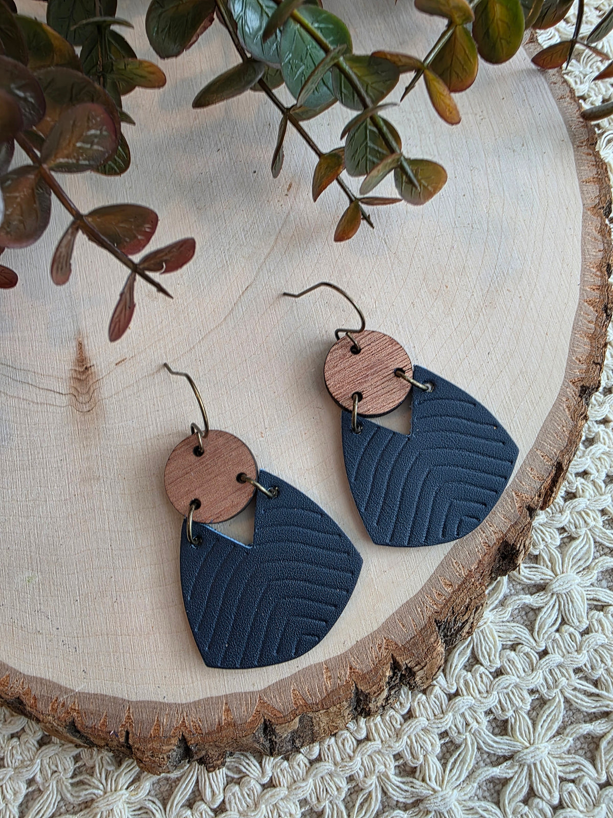 Geometric Boho Embossed Chevron Earrings - Navy Blue