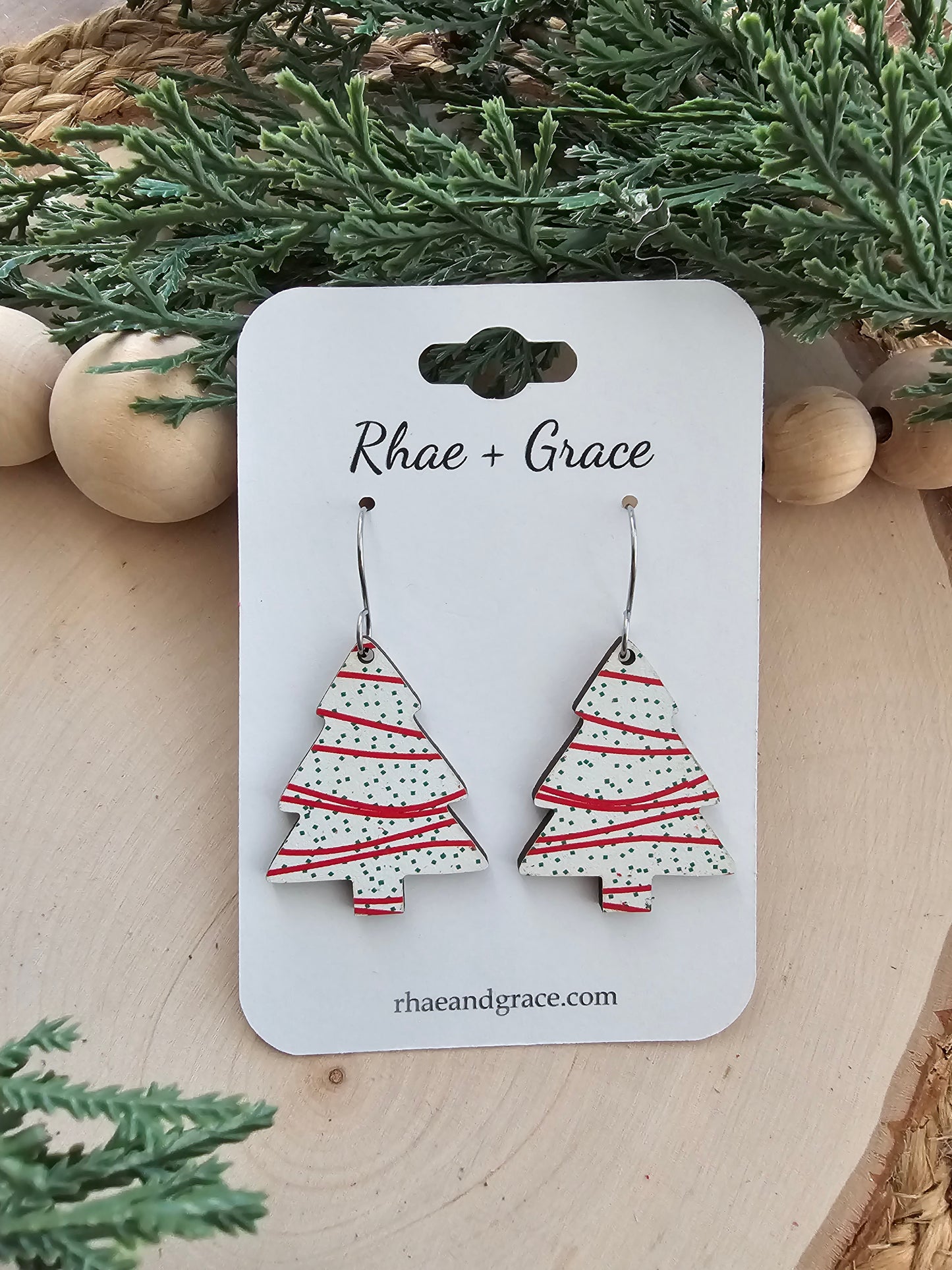 Christmas Tree Cake Wood Dangle Earrings