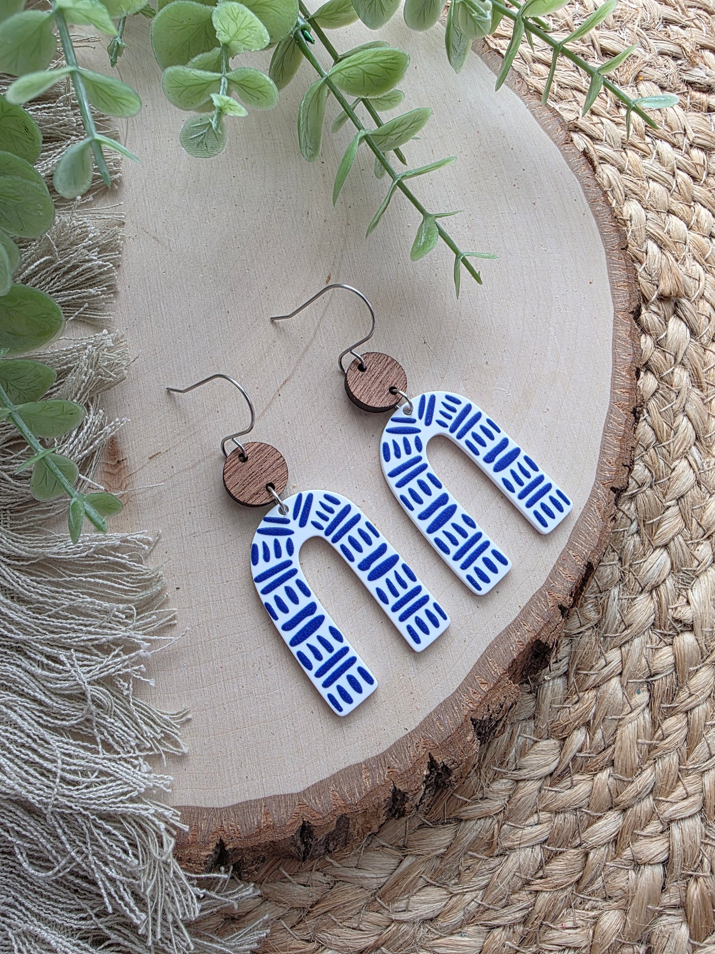 Blue & White Dash Acrylic Arch Earrings