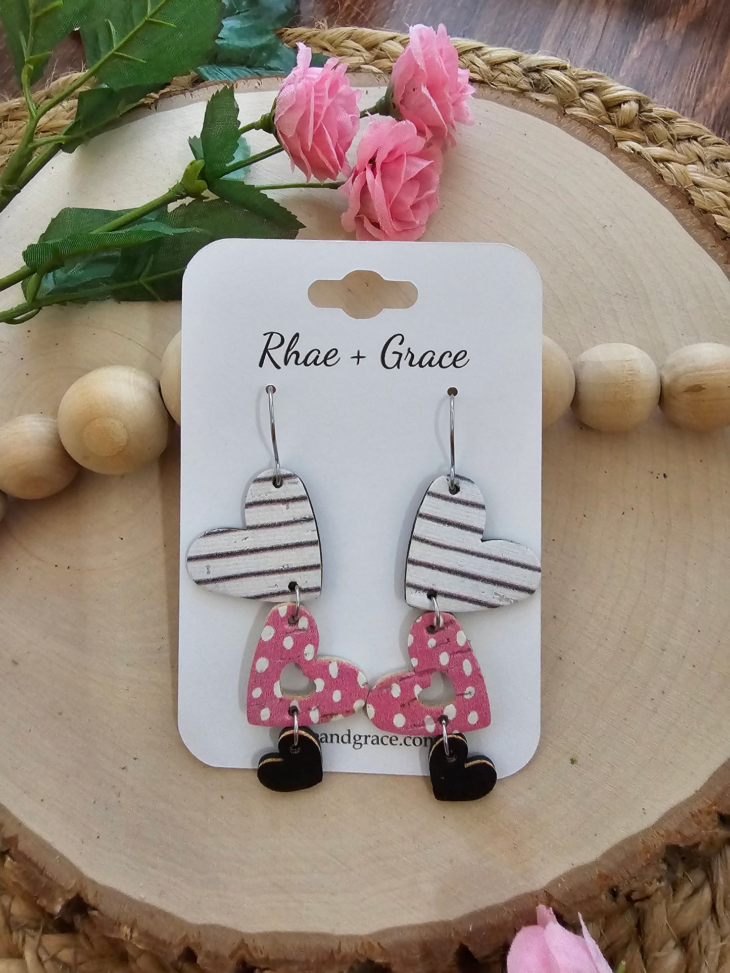 Pink Dot & Striped Cascading Heart Earrings