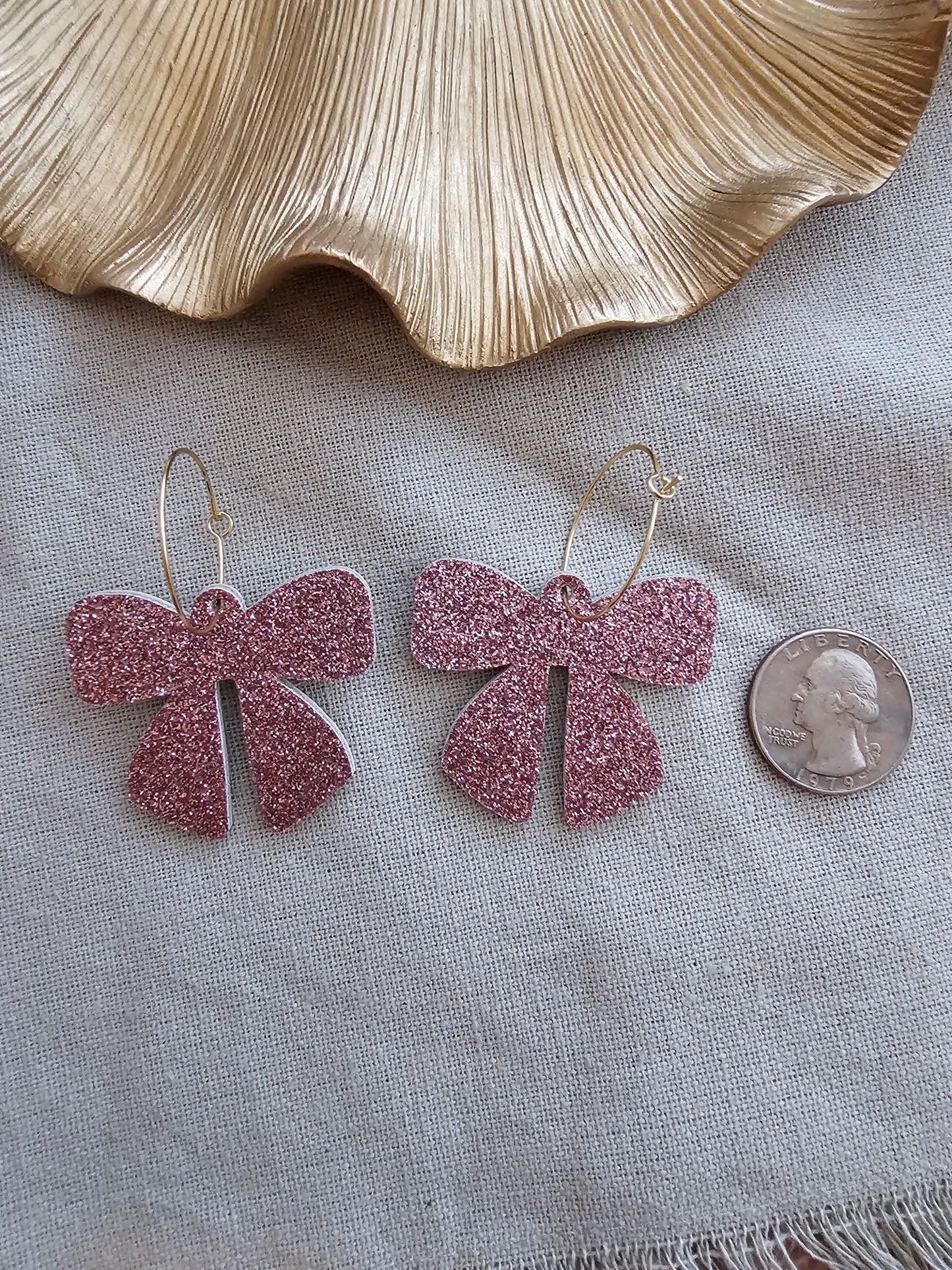 Rose Pink Glitter Bow Earrings