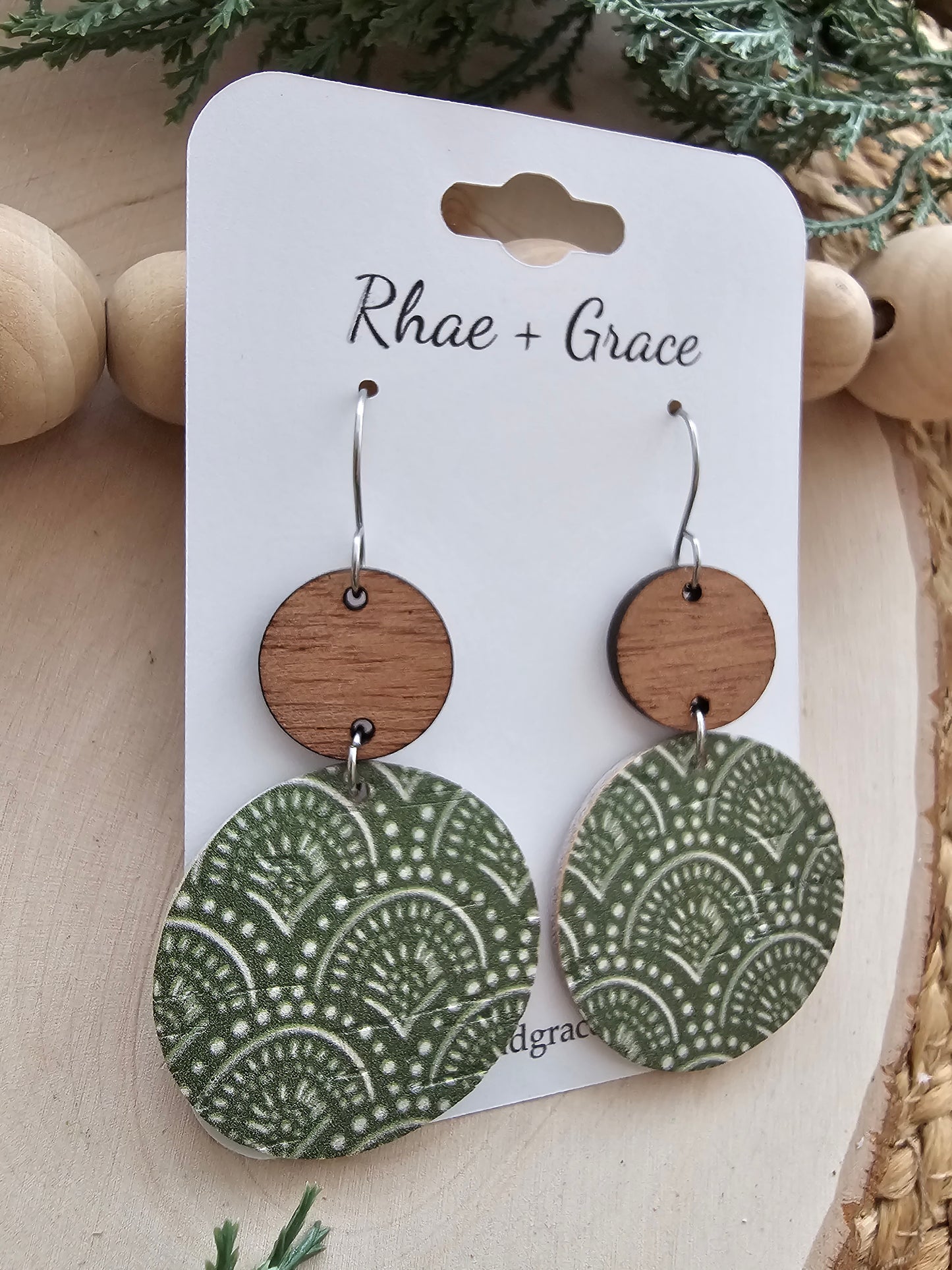 Kale Green Boho Arches Large Circle Drop Earrings