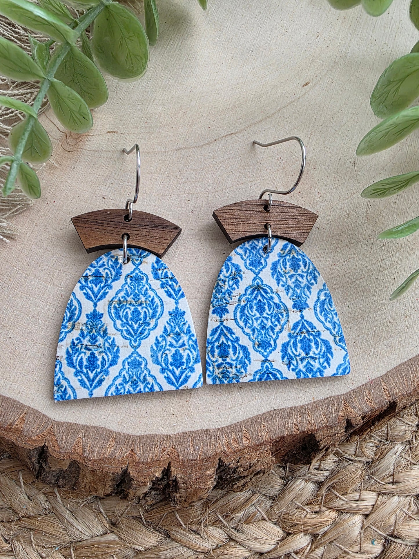Blue & White Boho Tiles Closed Arch Earrings