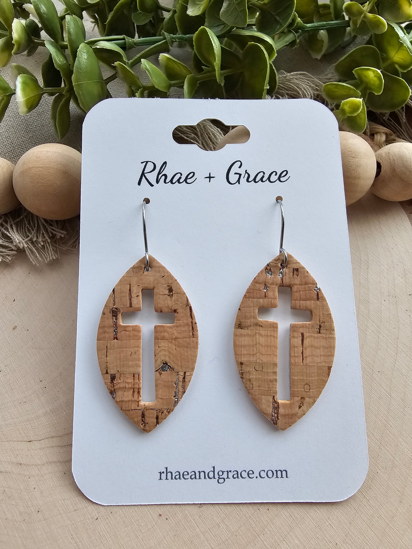 Natural Cork & Silver Cross Cutout Leaf Earrings