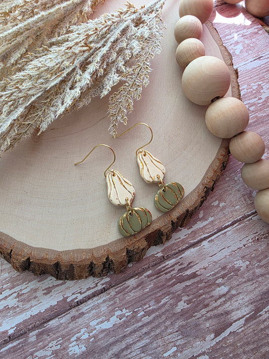 Cream & Green Stacked Goard Earrings - Polymer Clay
