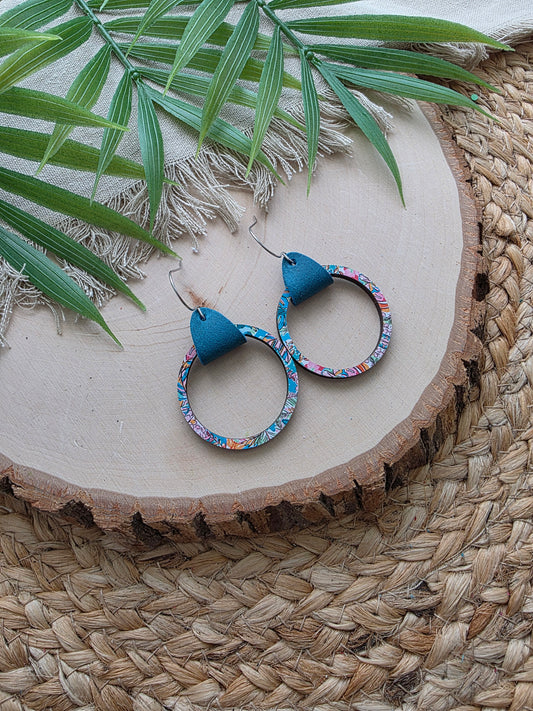 Tropical Leather & Single Wood Hoop Earrings