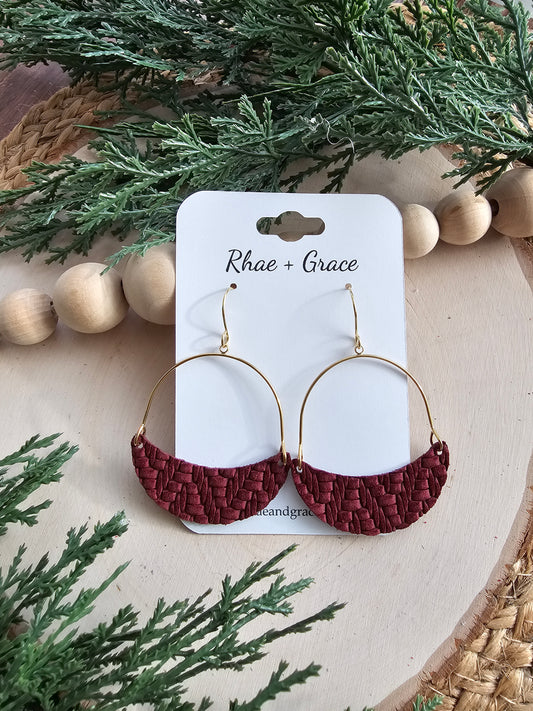 Wine Knit Embossed Crescent Hoop Leather Earrings