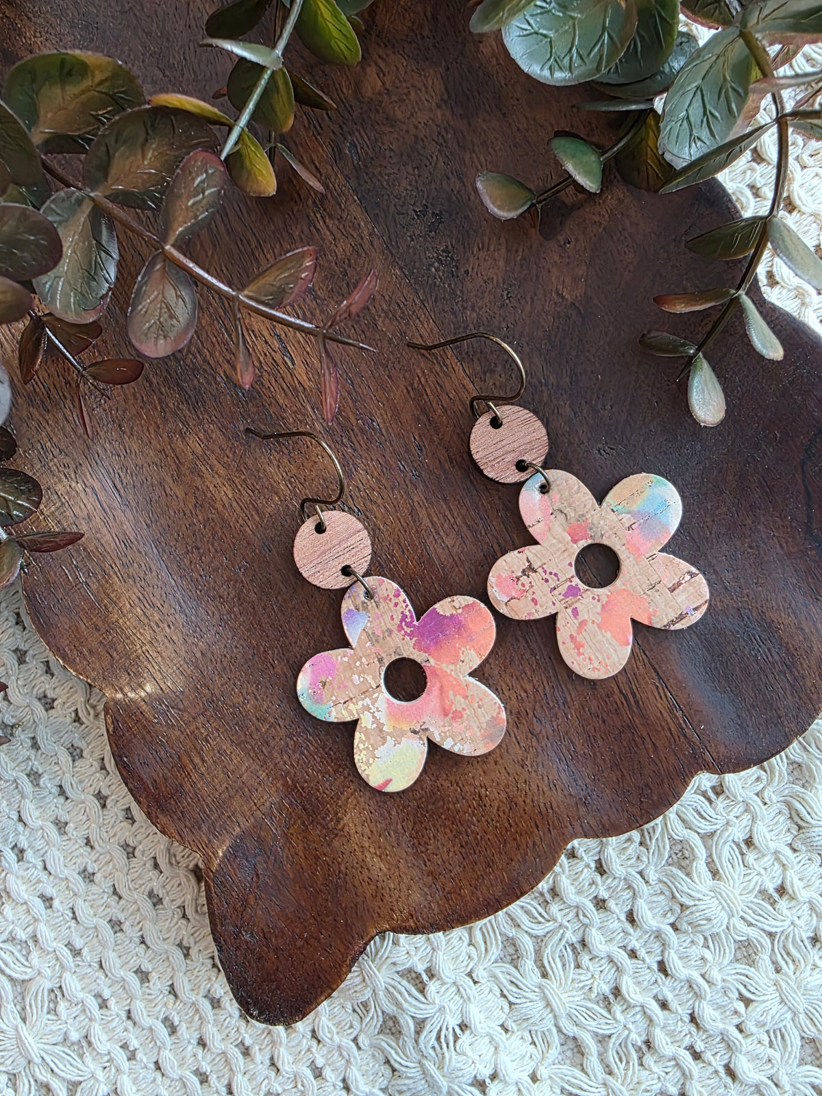 Paint Splatter Natural Cork Flower Earrings
