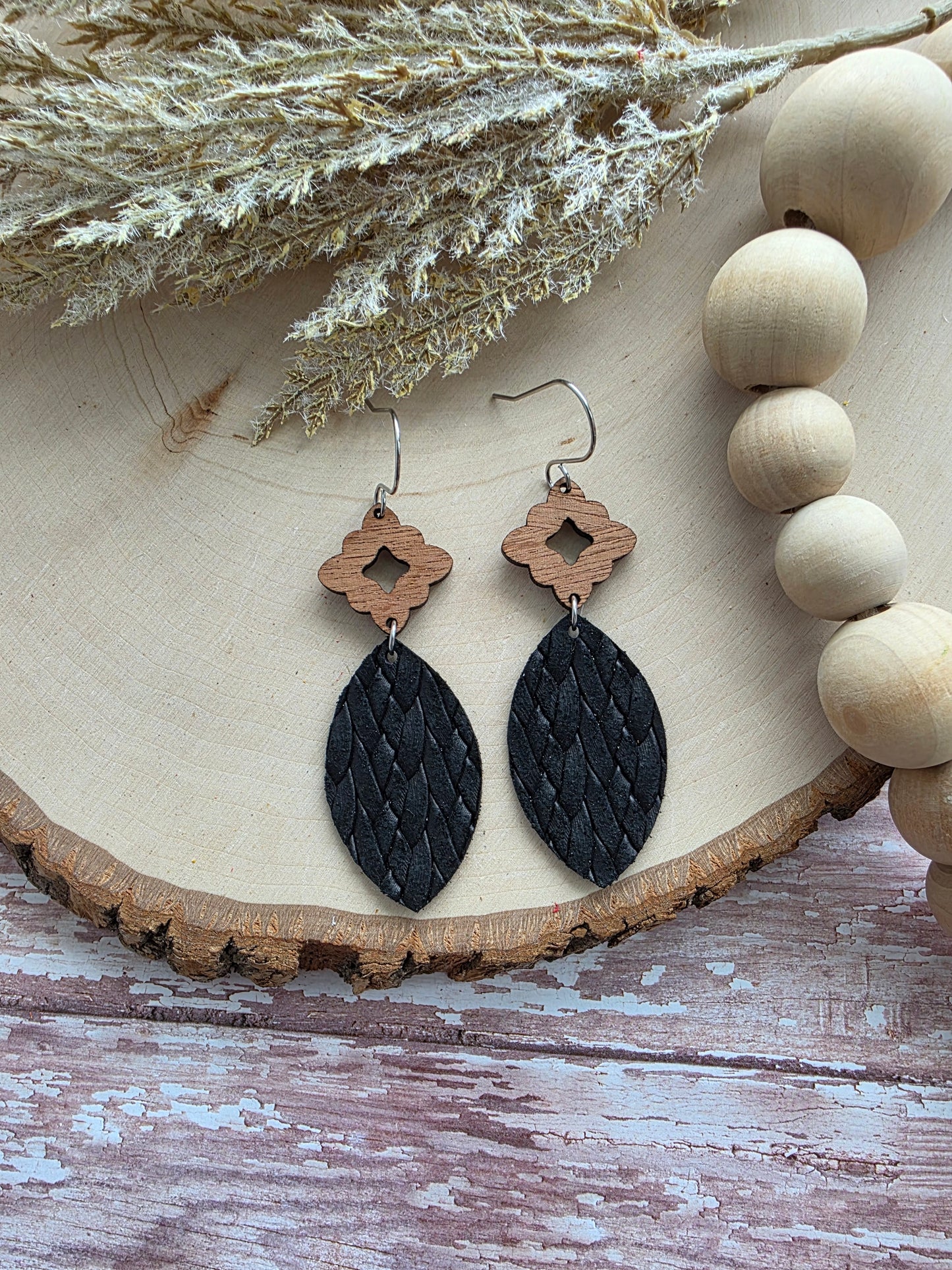 Black Leather Leaf Earrings