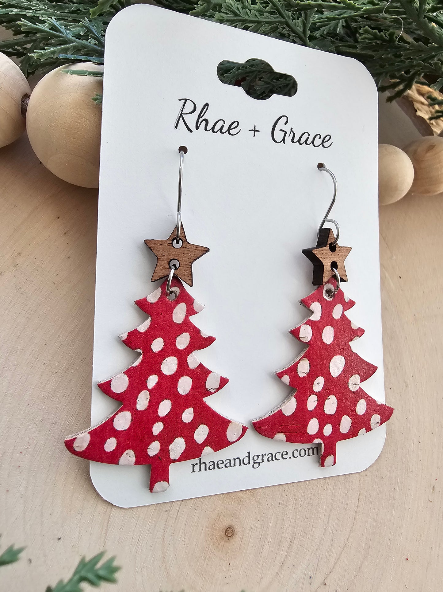 Red & White Spotted Christmas Tree Earrings