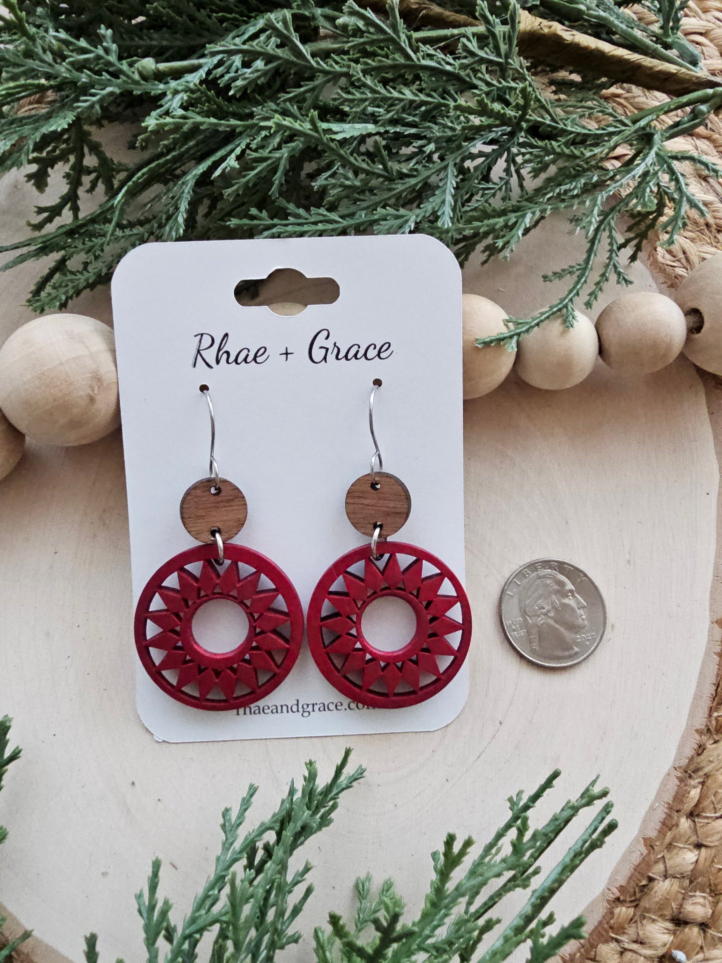 Deep Red Wood Star Hoop Earrings