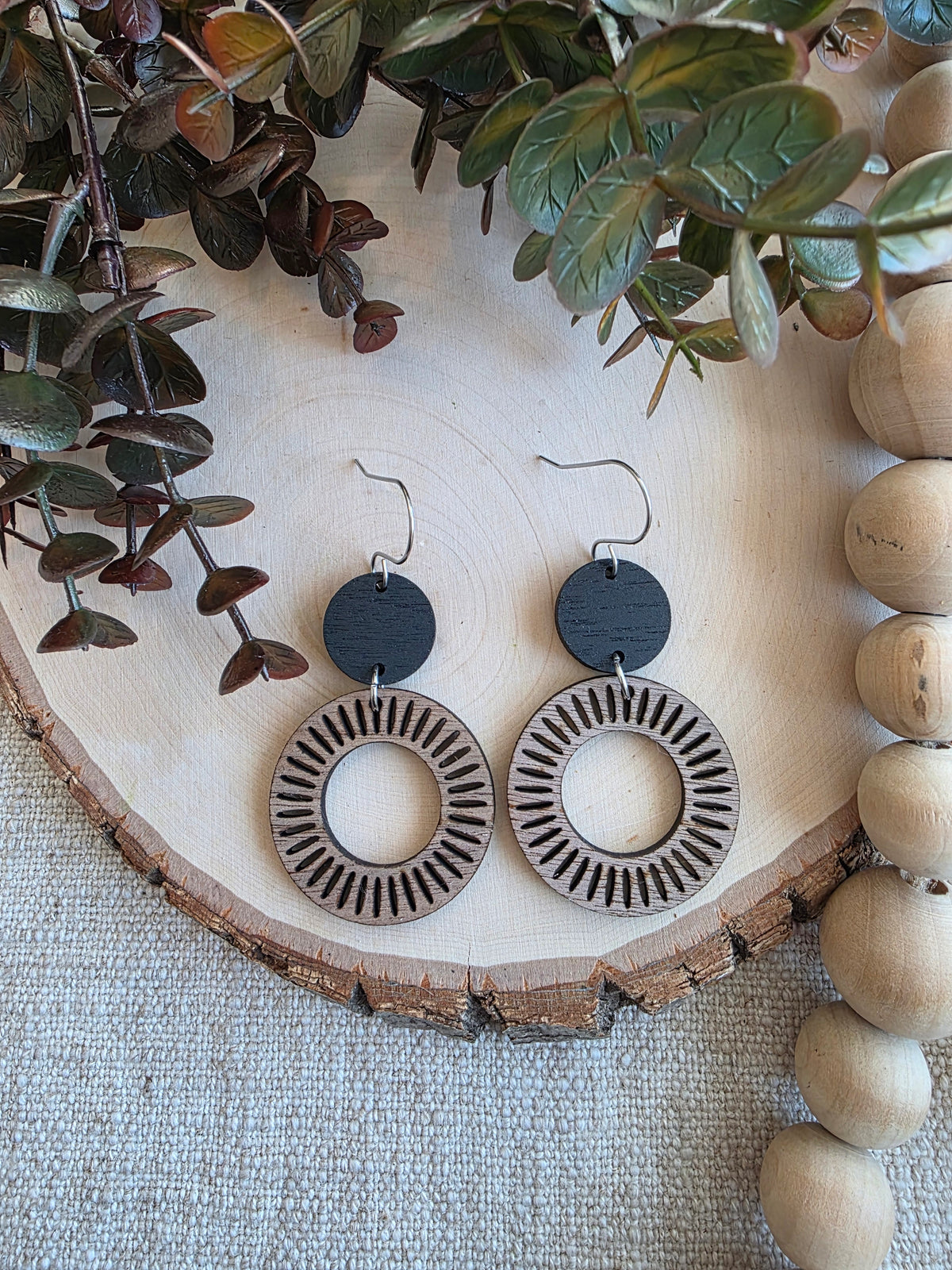 Wood Sunburst Hoop Earrings