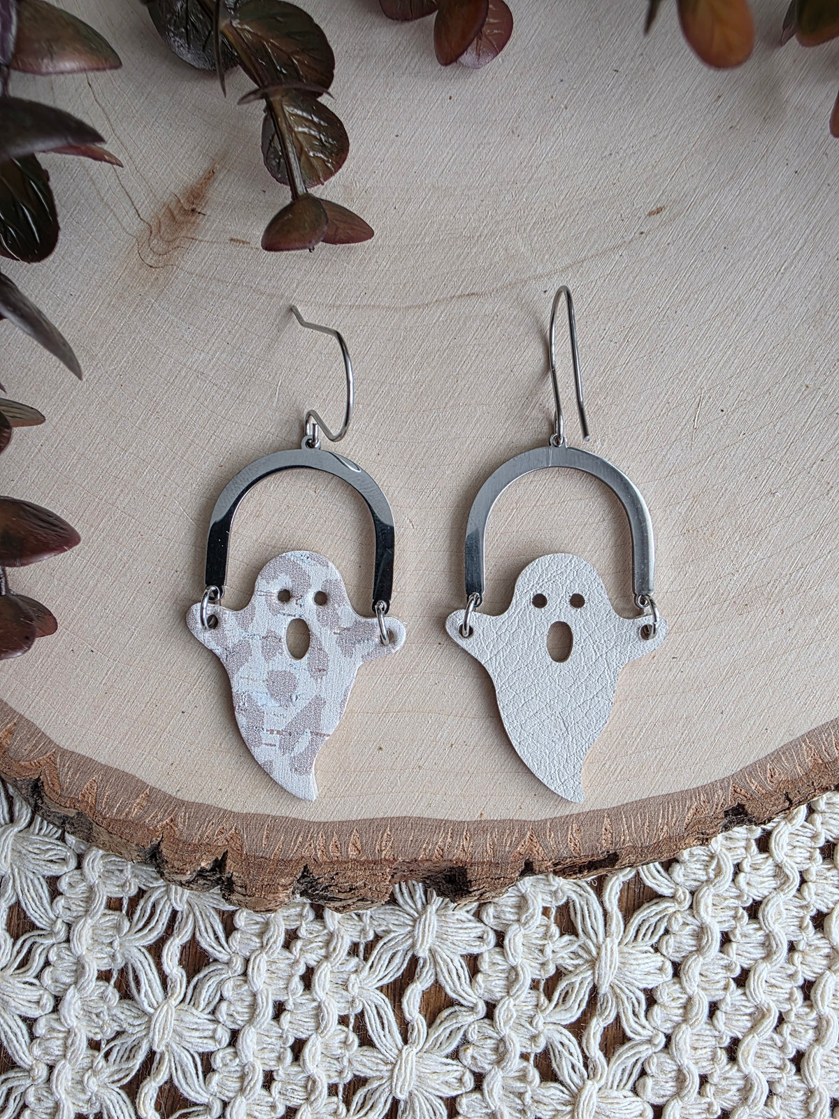 White & Grey Leopard Print Arched Ghost Earrings