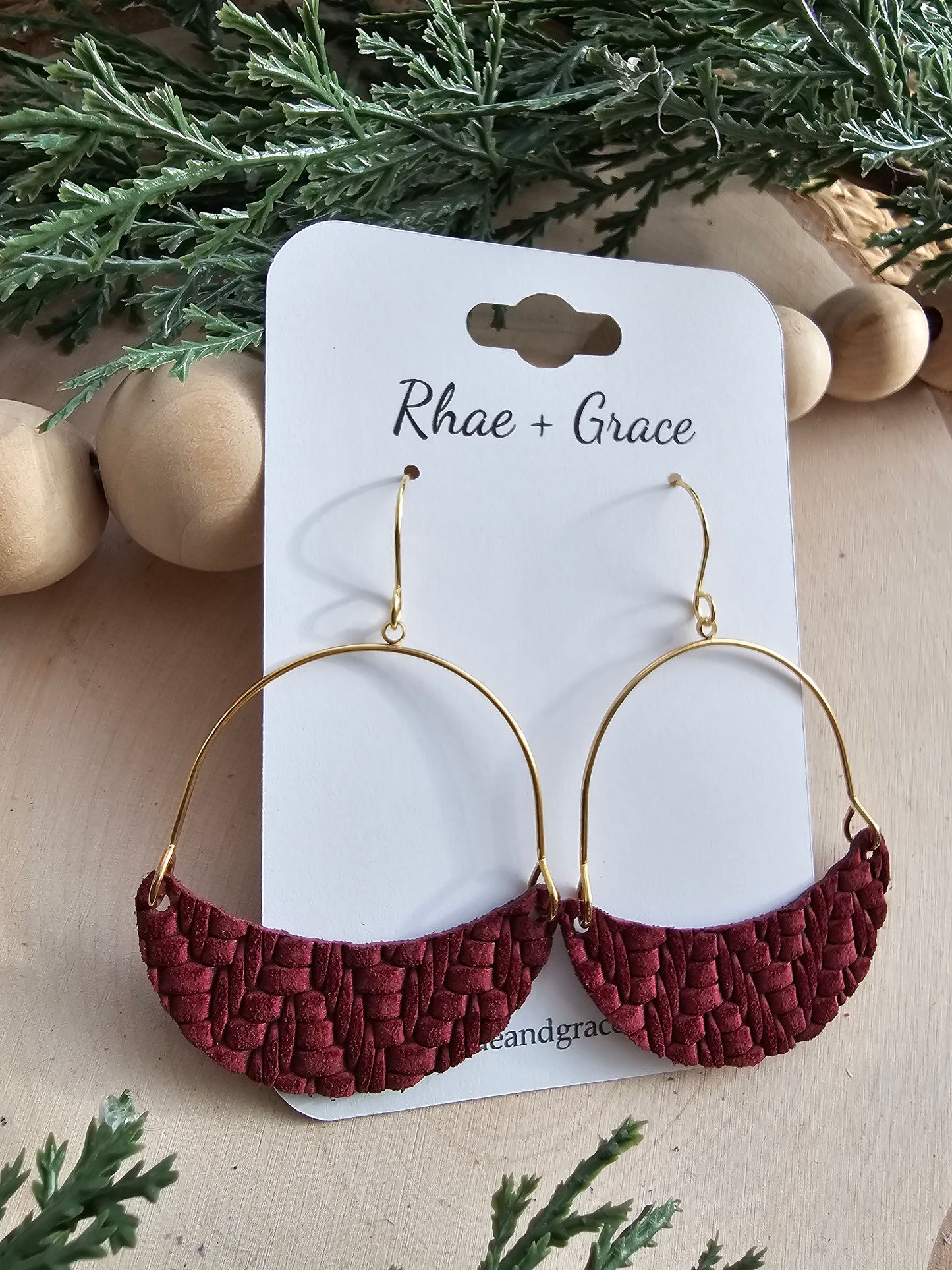 Wine Knit Embossed Crescent Hoop Leather Earrings