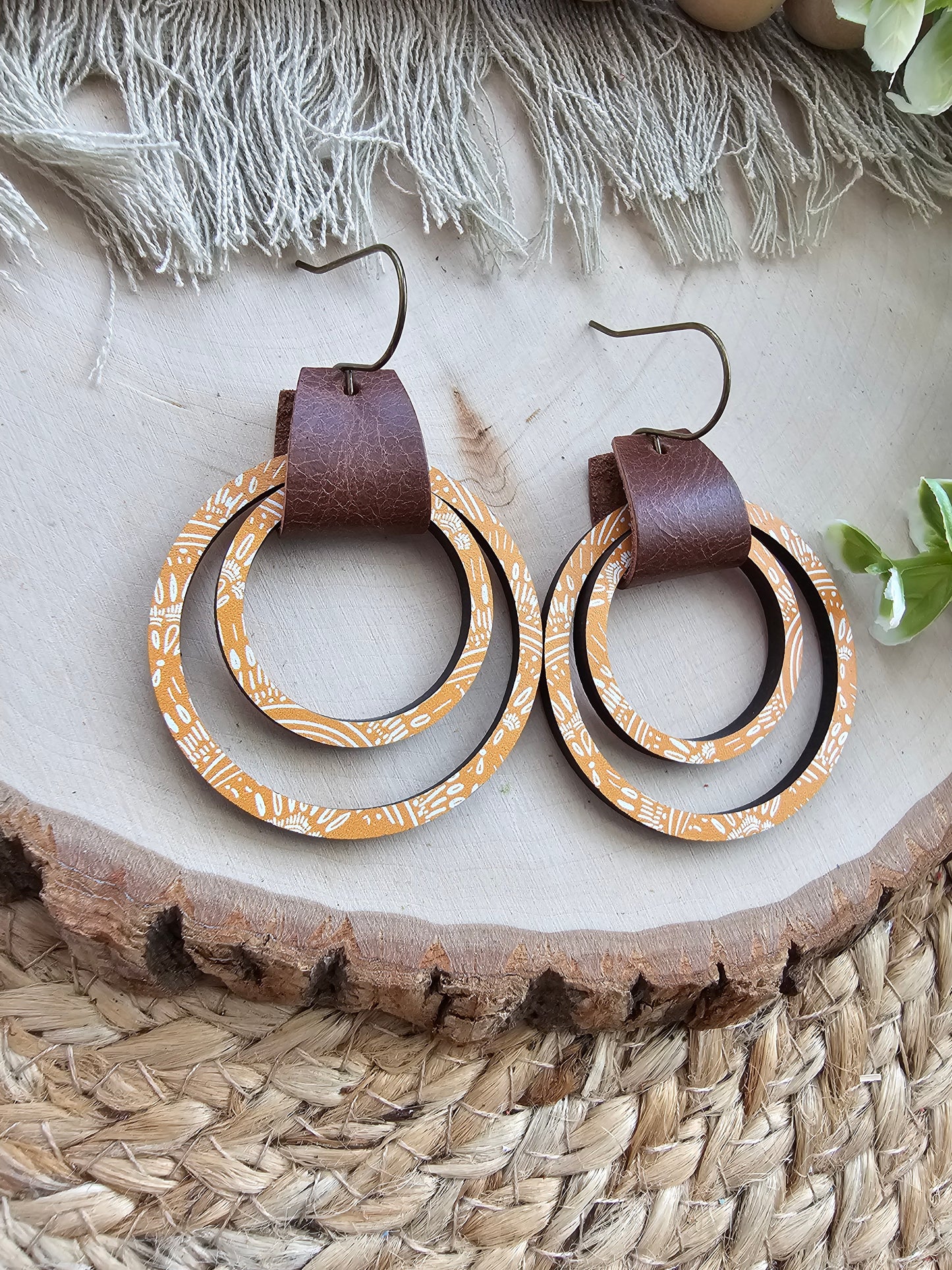 Mustard Boho Brown Leather & Double Wood Hoop Earrings