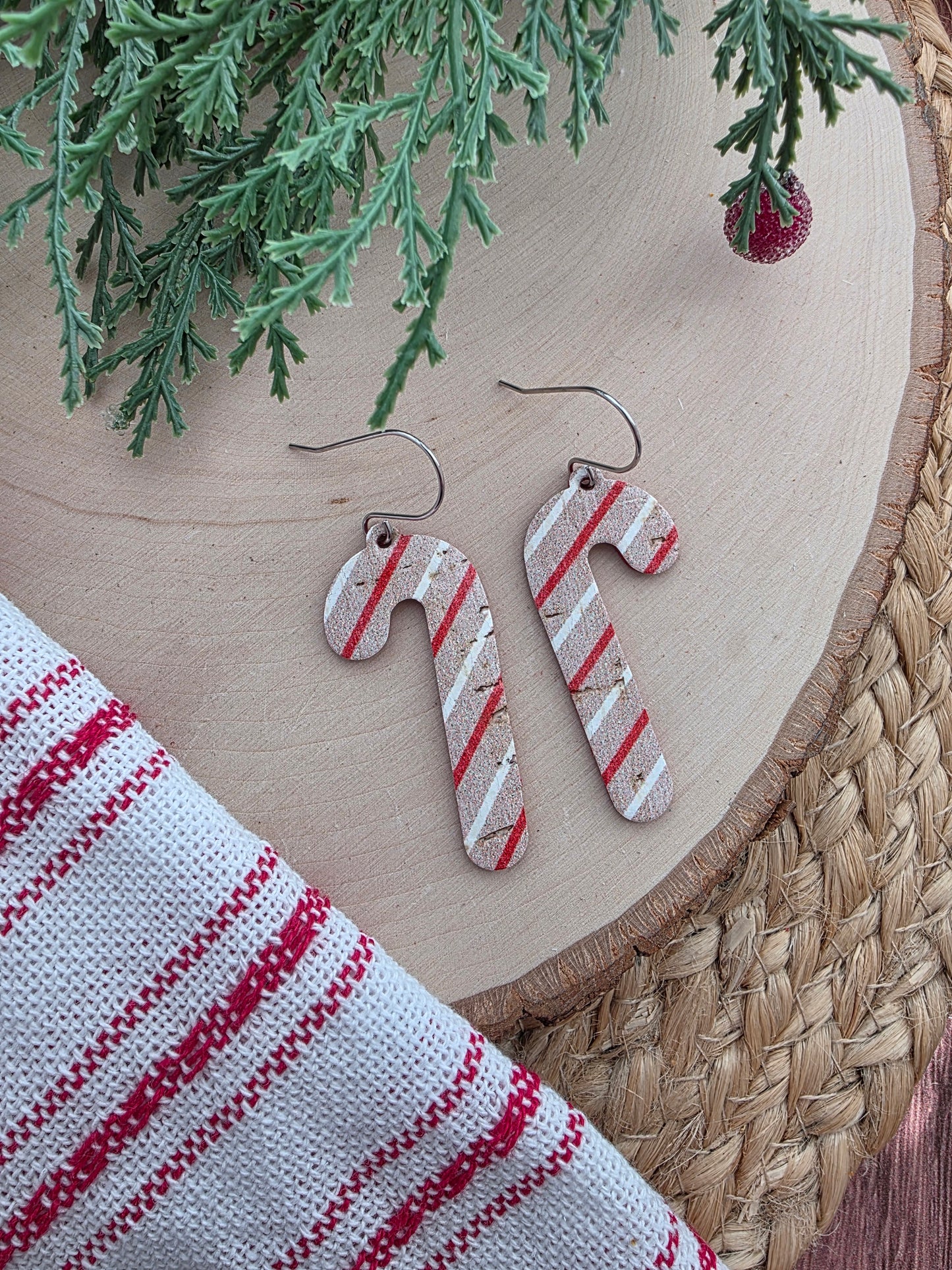 Rustic Striped Candy Cane Glitter Earrings
