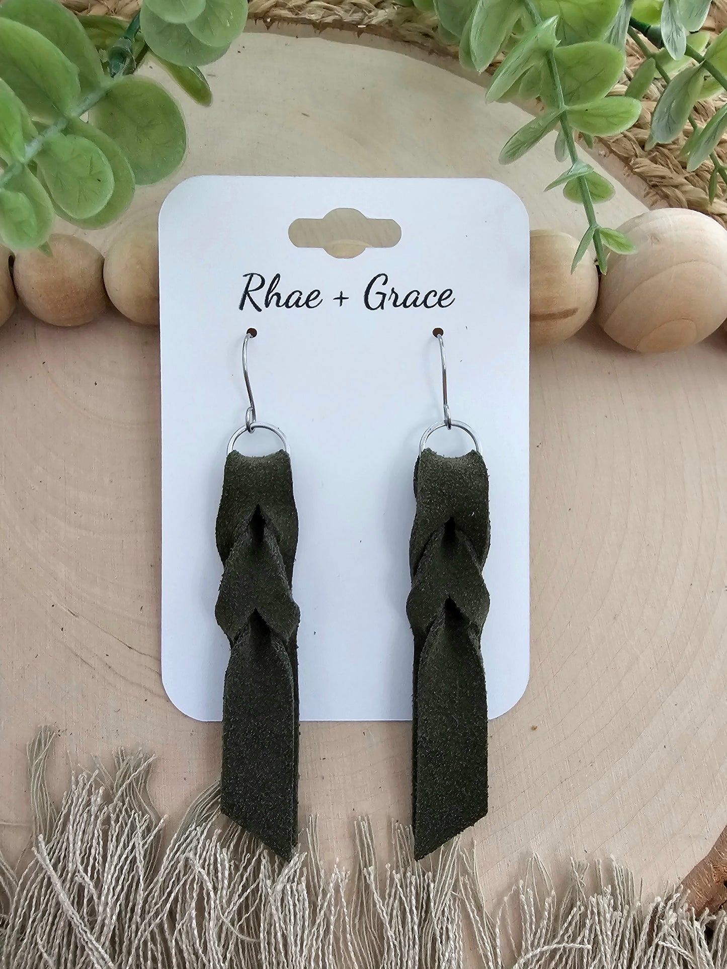 Khaki Green Suede Blood Knot Leather Earrings