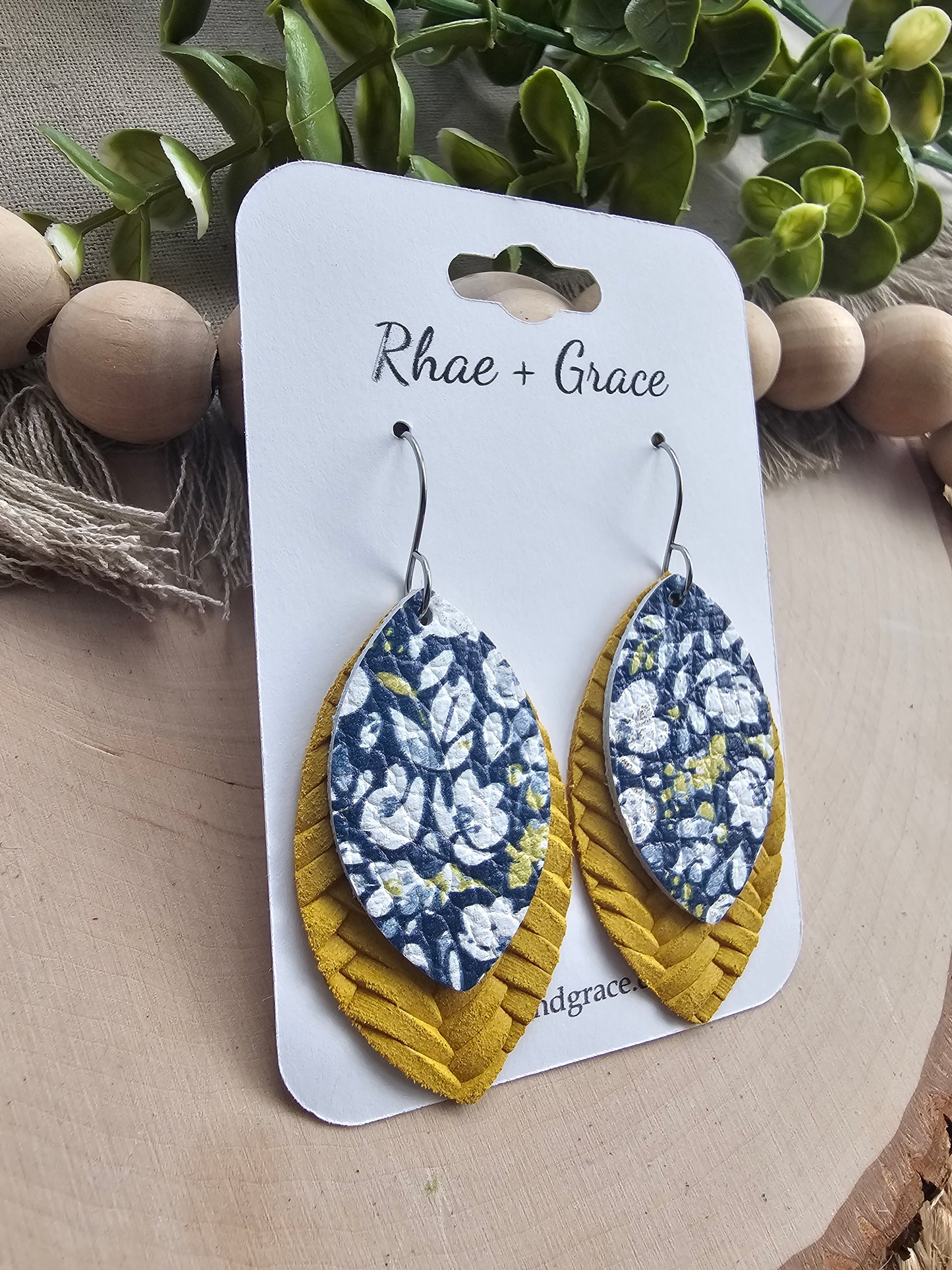 Navy, Mustard & White Poppies Layered Leaf Earrings