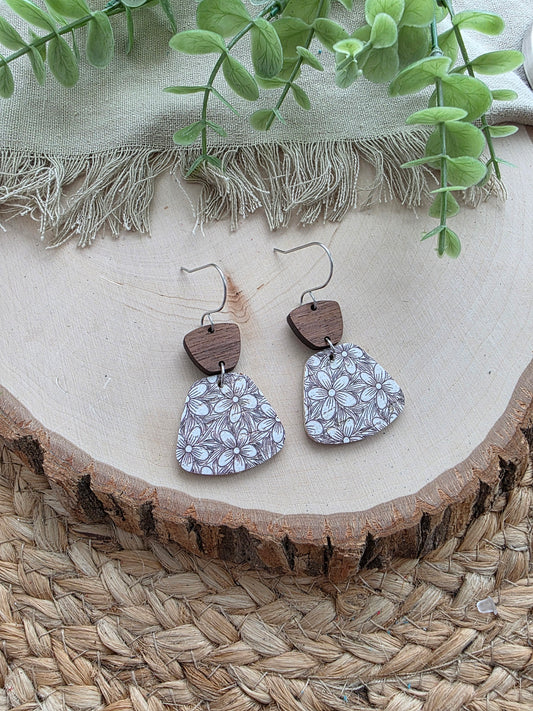 Neutral Floral Rounded Trapezoid Earrings