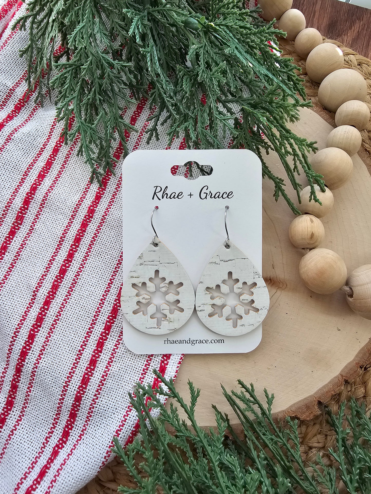 White Birch Snowflake Cutout Teardrop Earrings