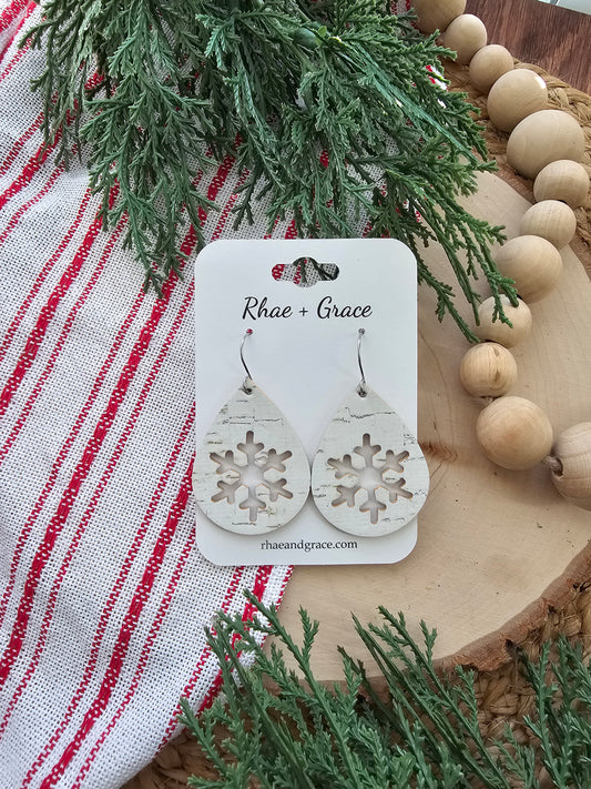 White Birch Snowflake Cutout Teardrop Earrings