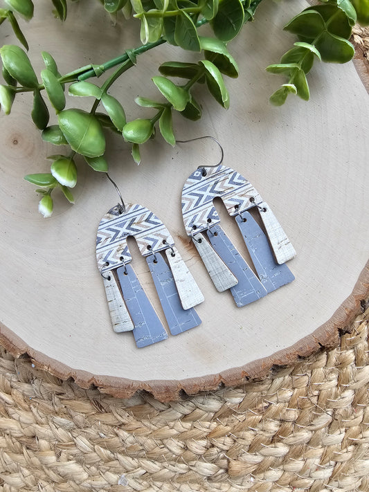 Grey Blue & Tan Aztec Boho Chandelier Earrings