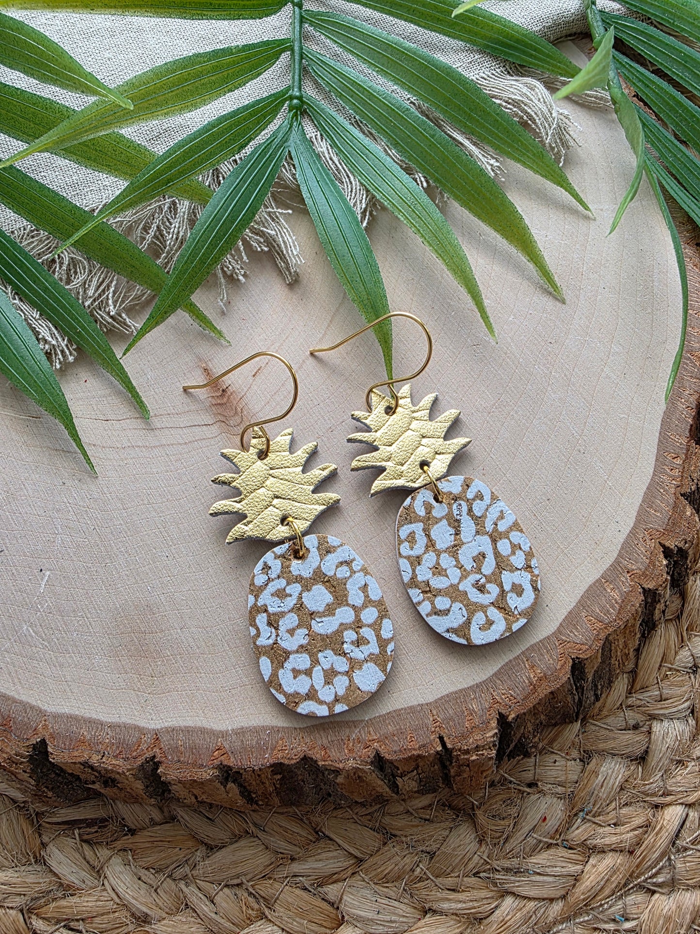 White & Gold Leopard Print Pineapple Earrings