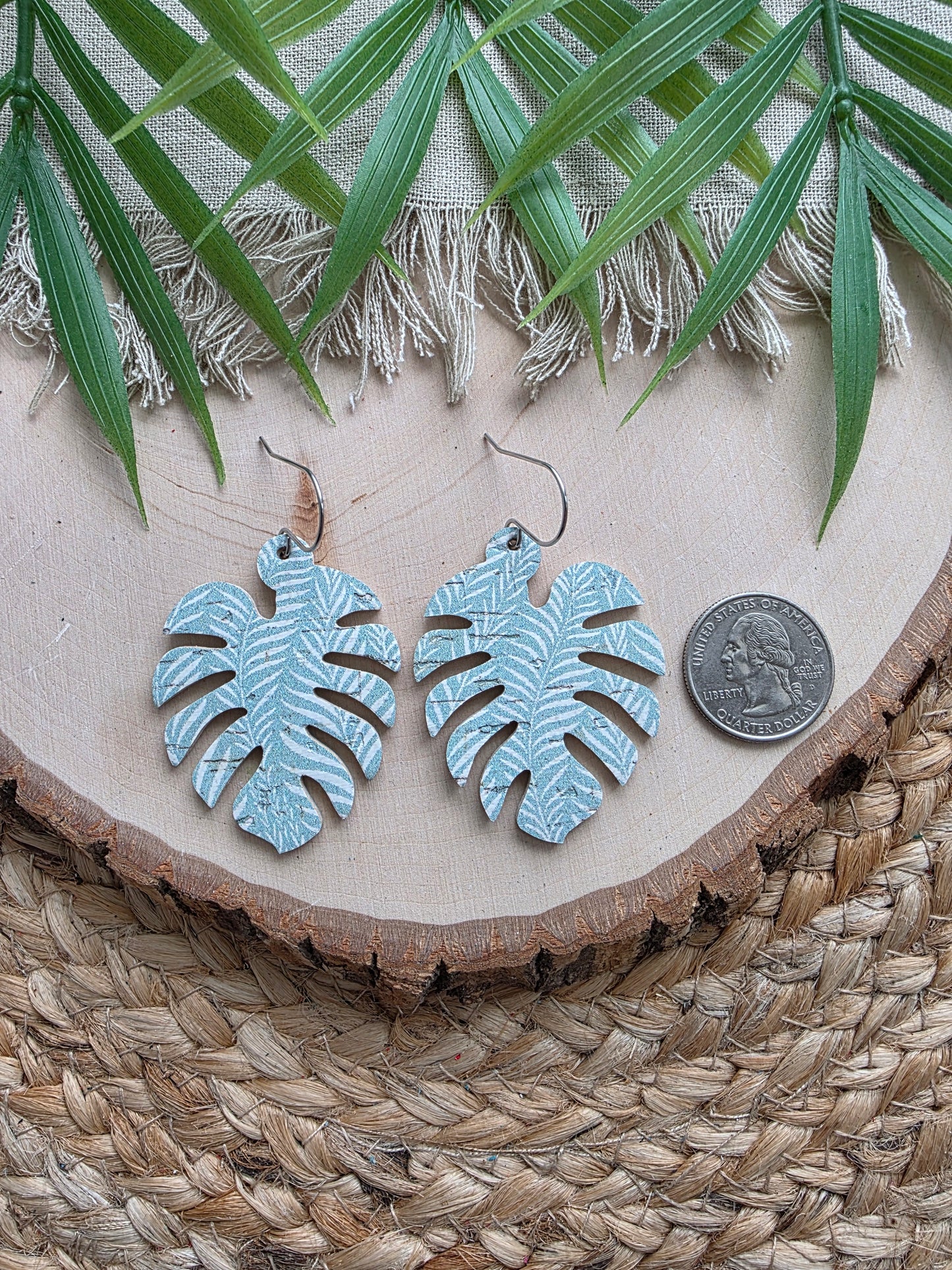 Seafoam Green Foliage Monstera Palm Leaf Earrings