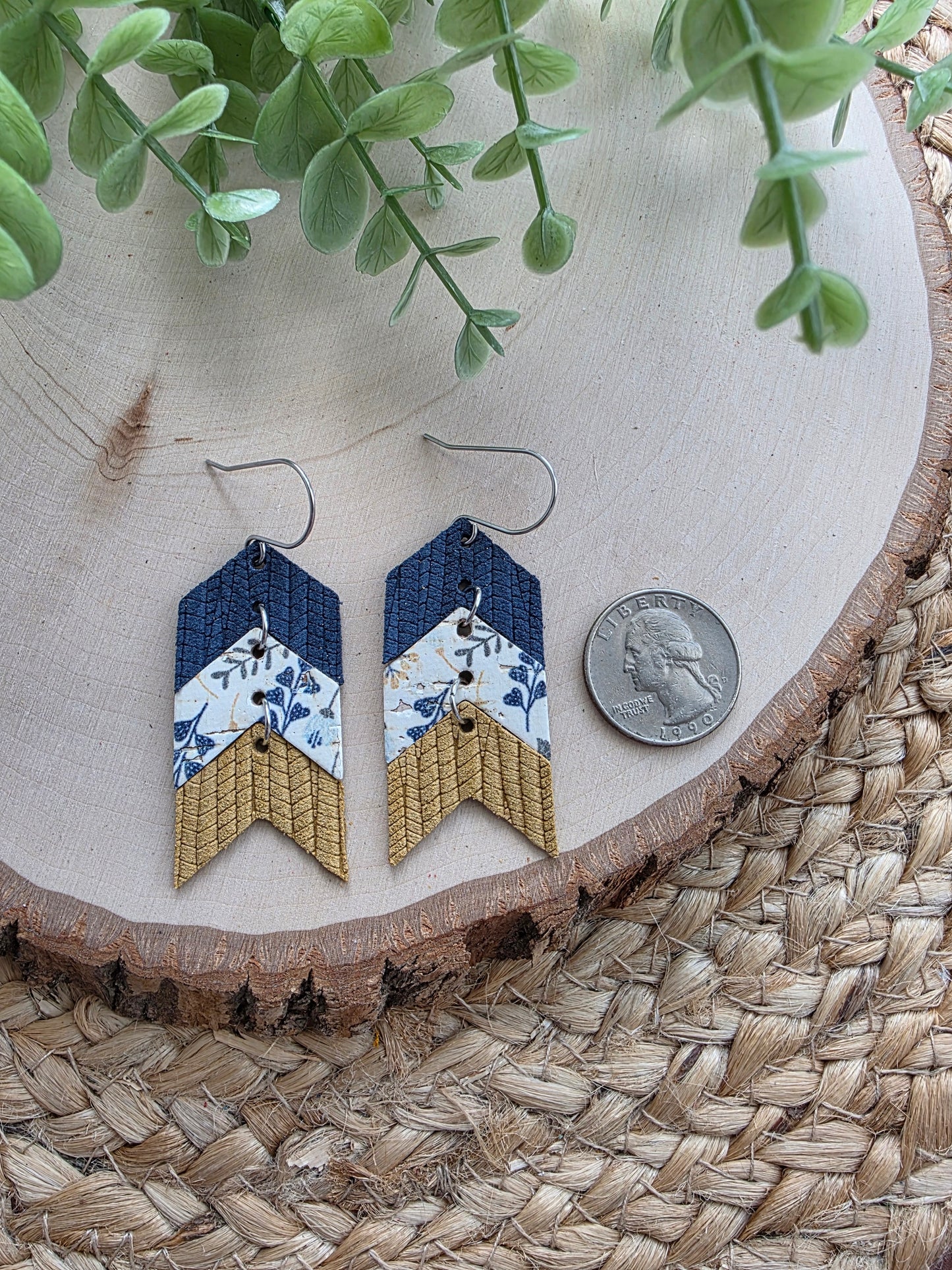 Blue & Mustard Floral Triple Chevron Arrow Earrings