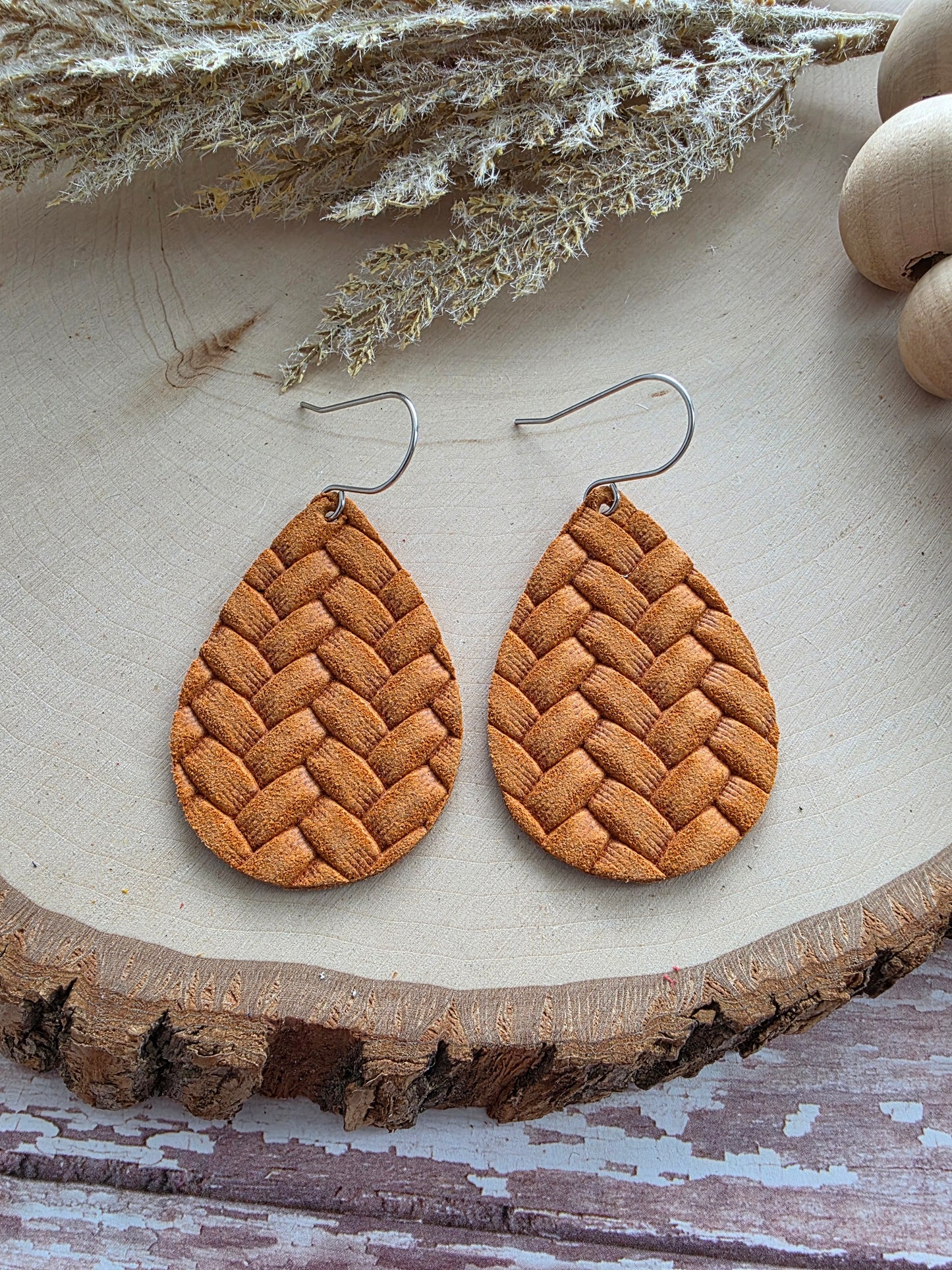 Ginger Orange Box Braid Teardrop Earrings - Medium