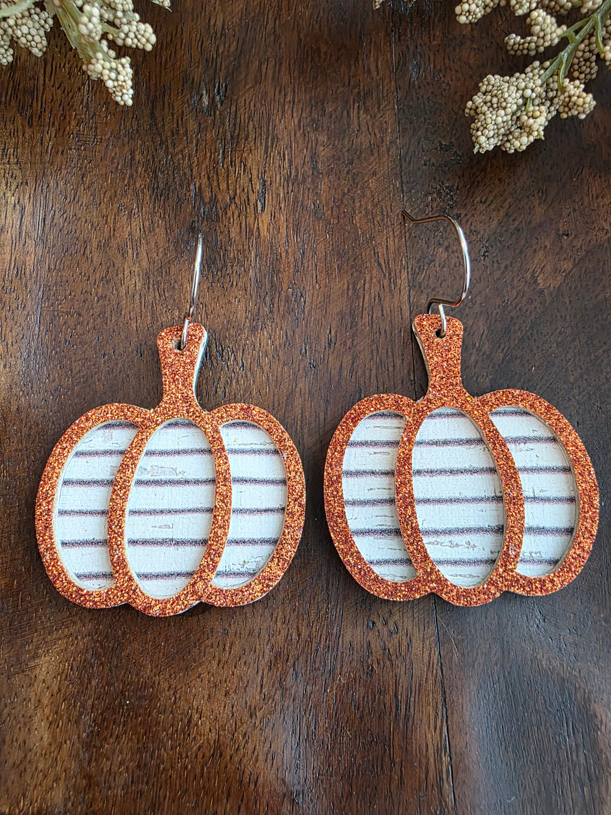 Orange Glitter Striped Pumpkin Earrings