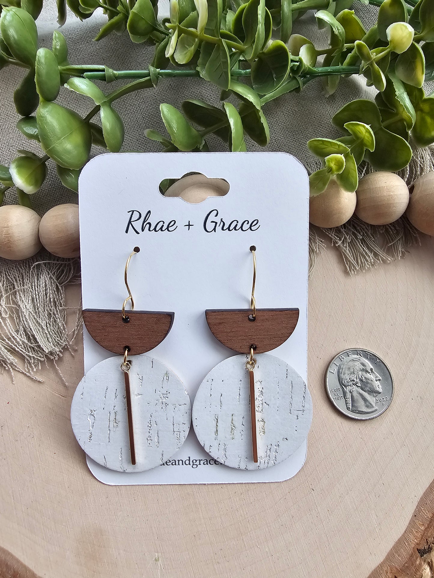 White Birch & Gold Large Circle Drop Earrings