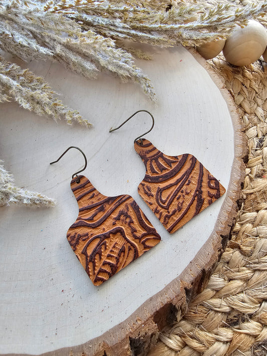 Caramel Brown Tooled Cattle Tag Earrings