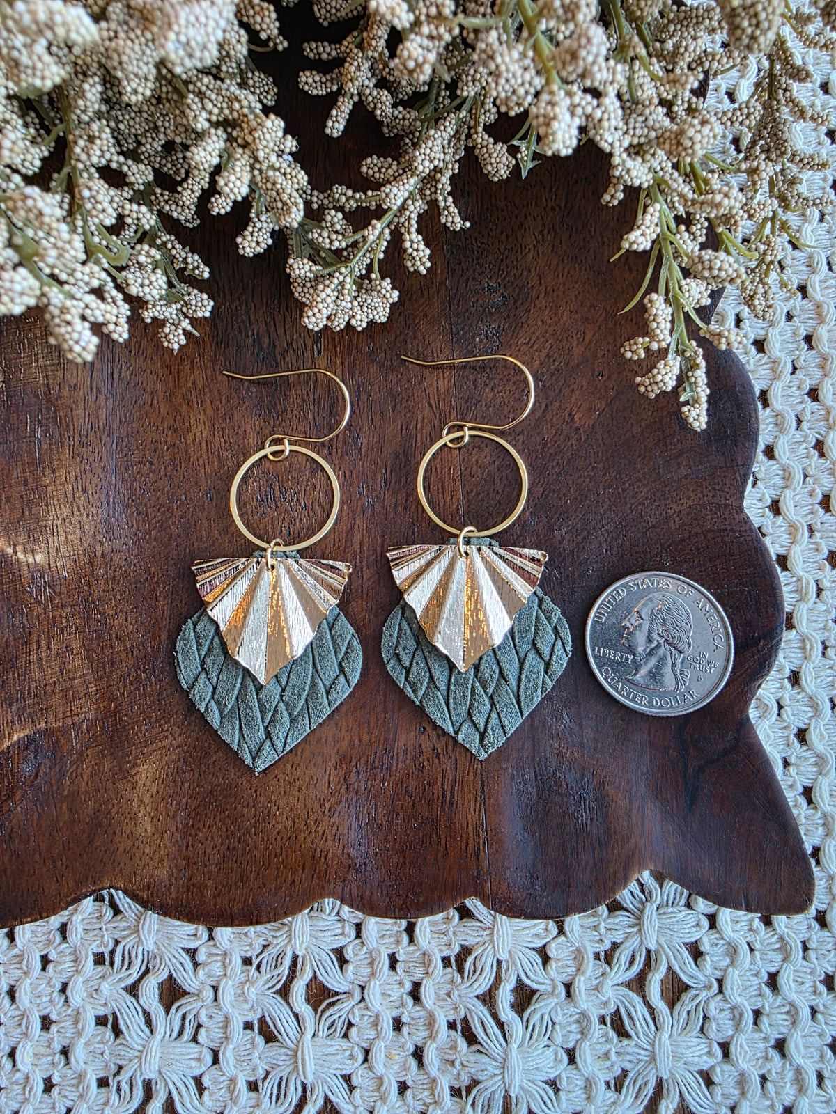 Olive Green Braided Gold Fan Earrings