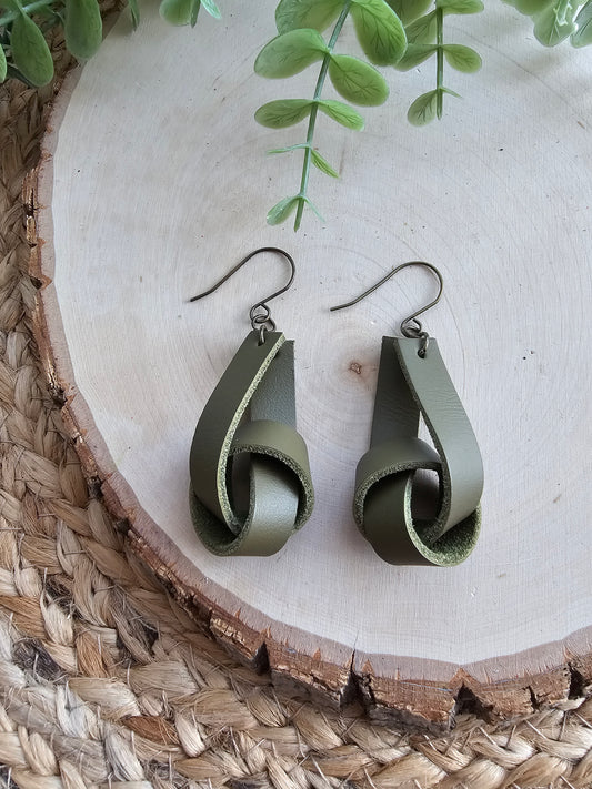 Olive Green Leather Wide Knot Earrings