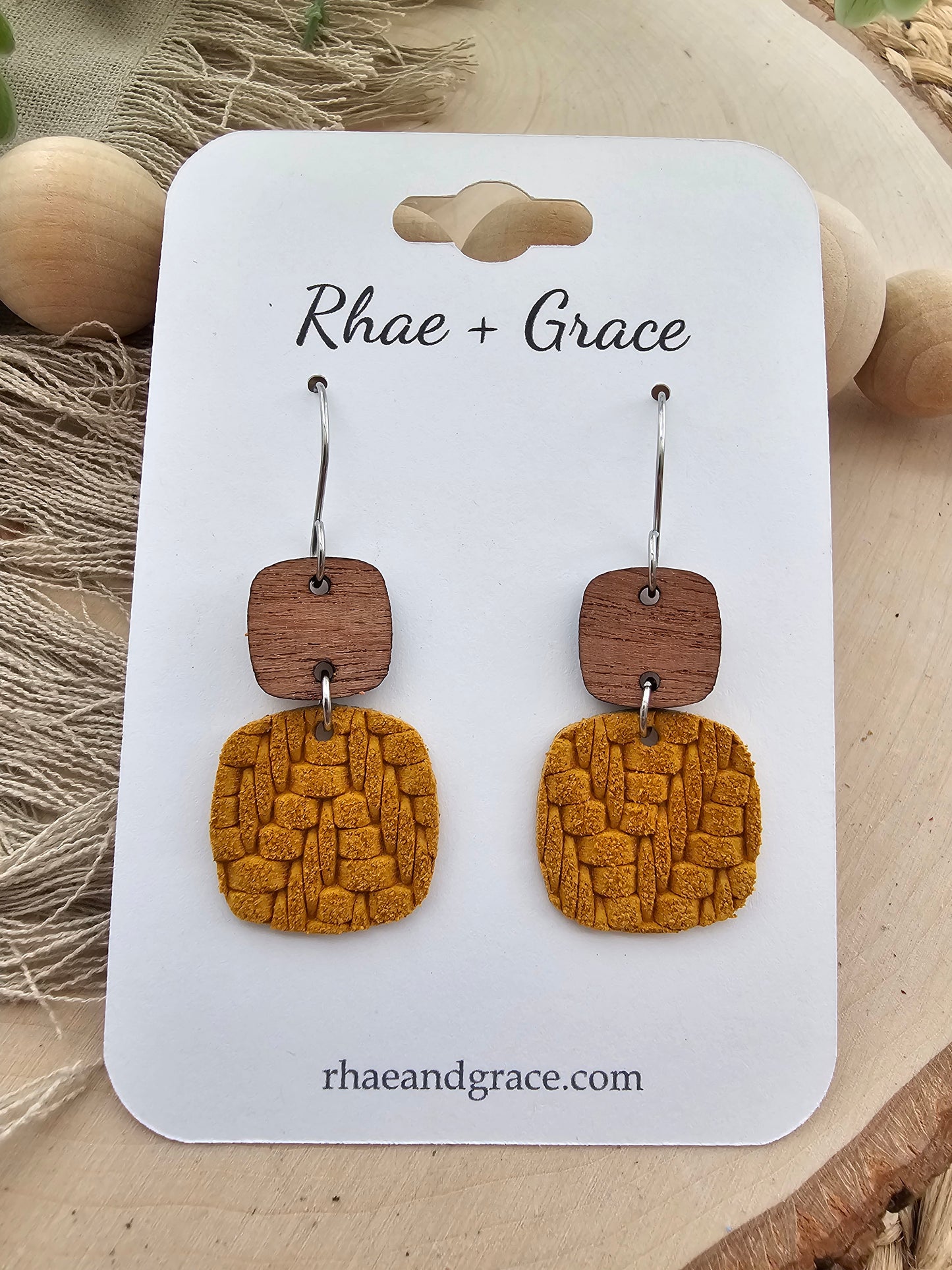 Mustard Knit Embossed Braid Rounded Square Earrings