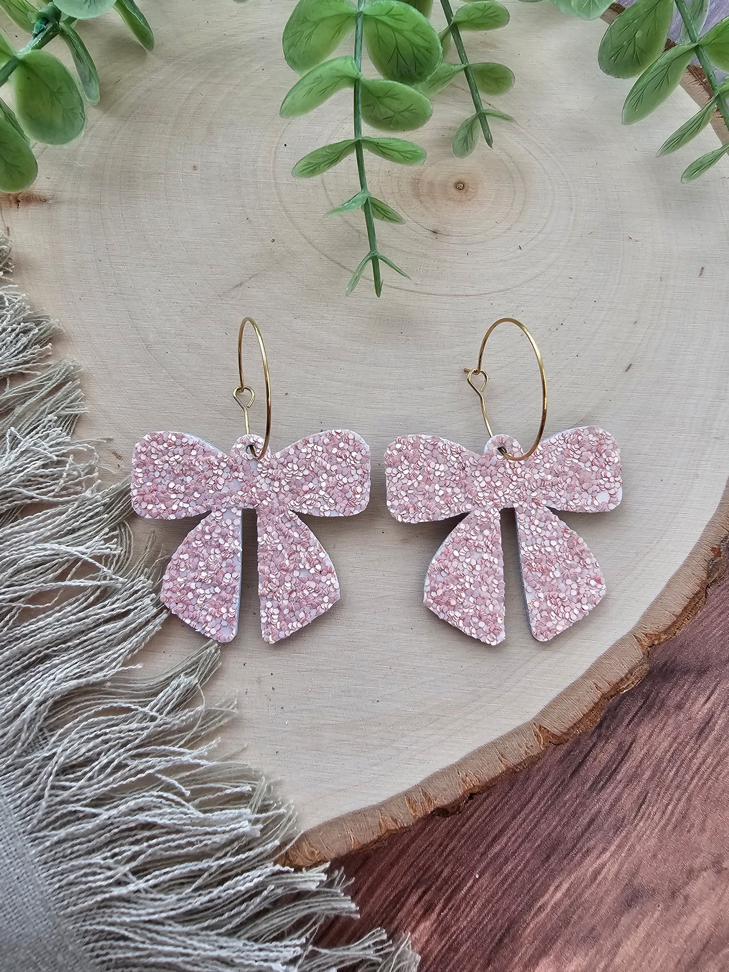 Soft Pink Glitter Bow Earrings