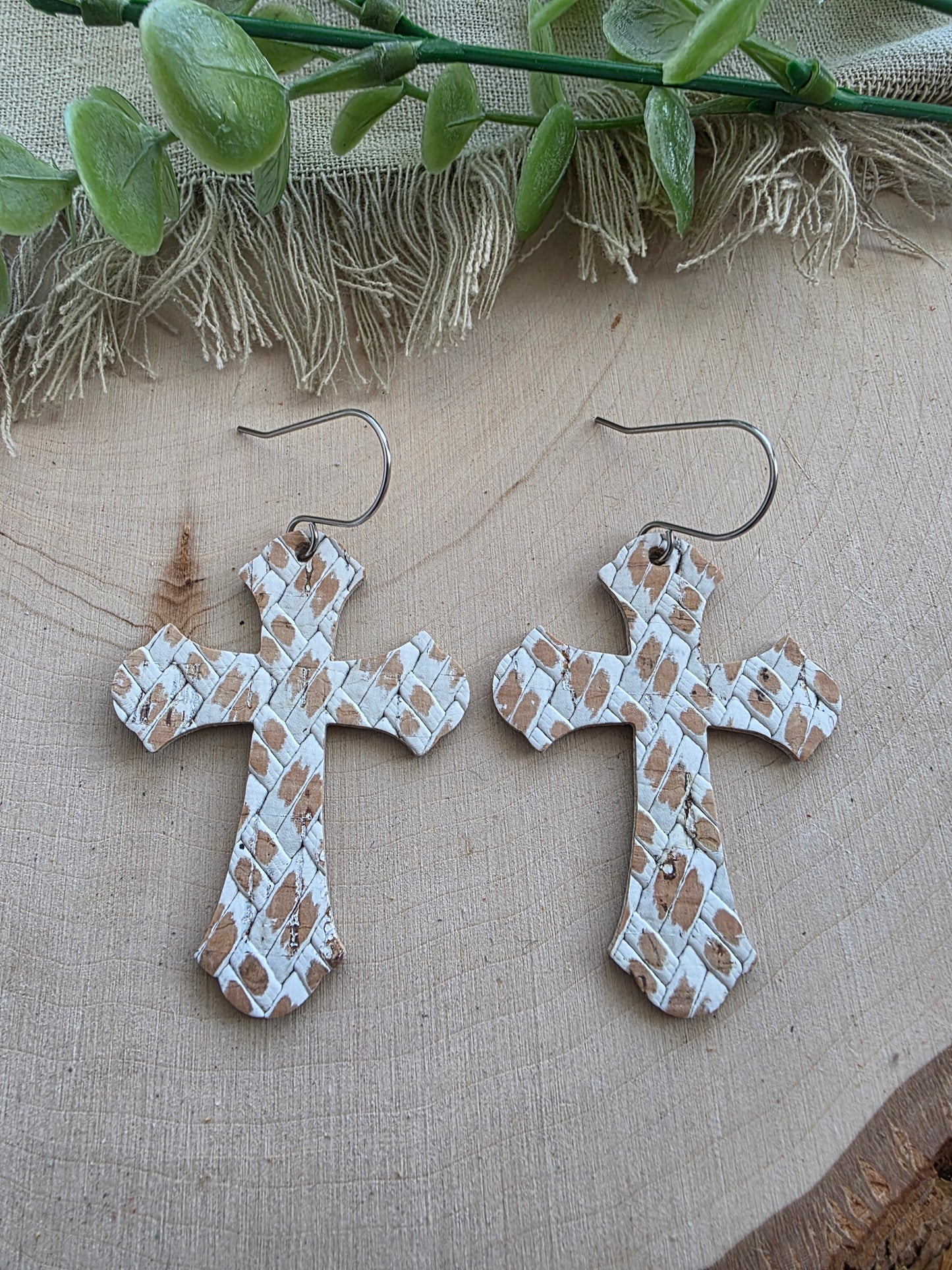 Whitewashed Basketweave Cross Earrings