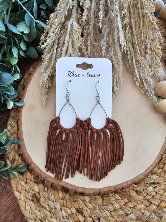 Brown Leather Fringe Statement Earrings