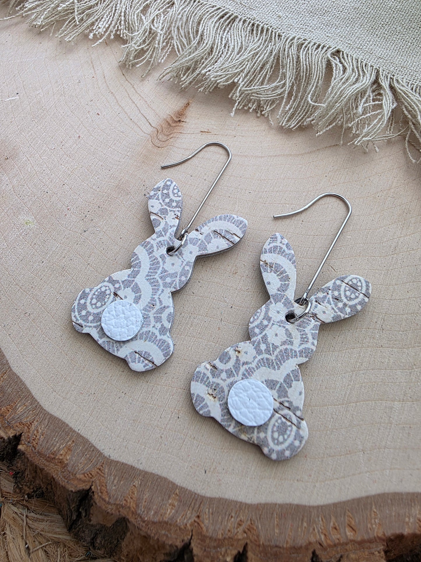 Gray & White Lace Bunny Earrings