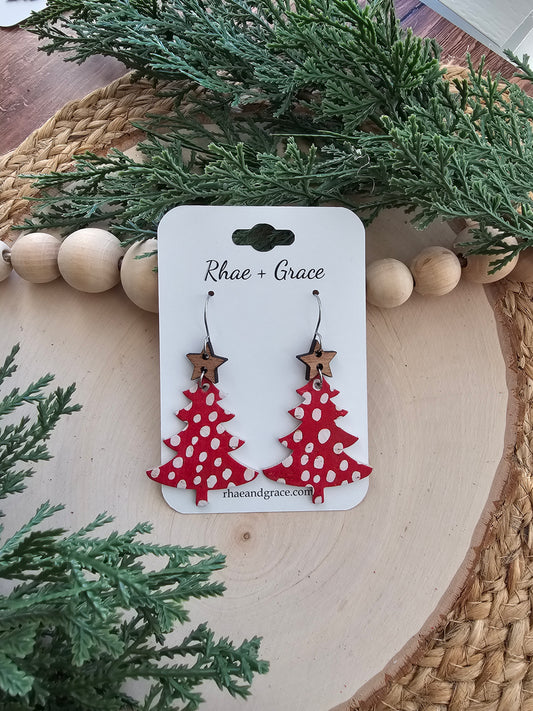 Red & White Spotted Christmas Tree Earrings