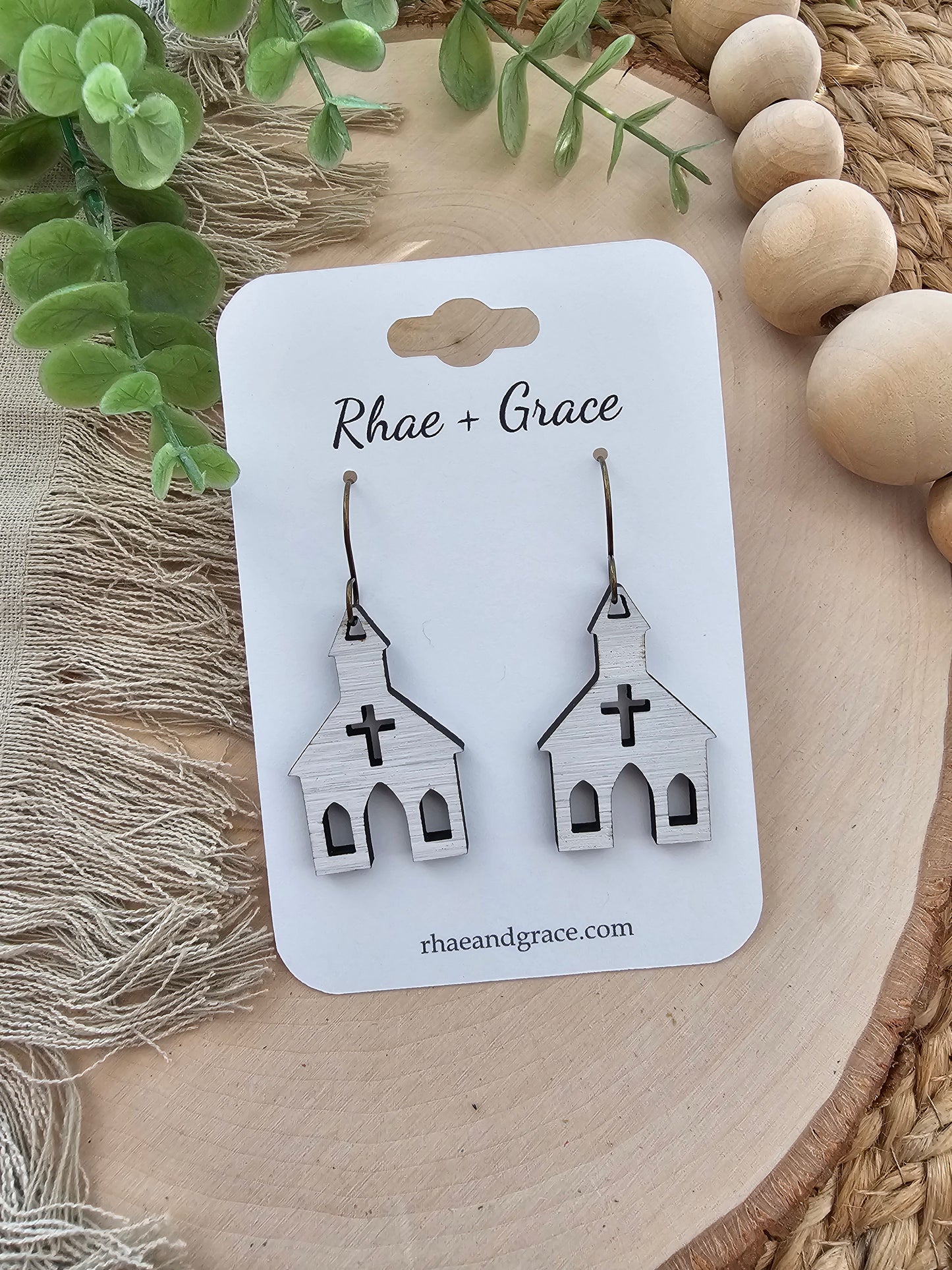 Little White Church Wood Earrings