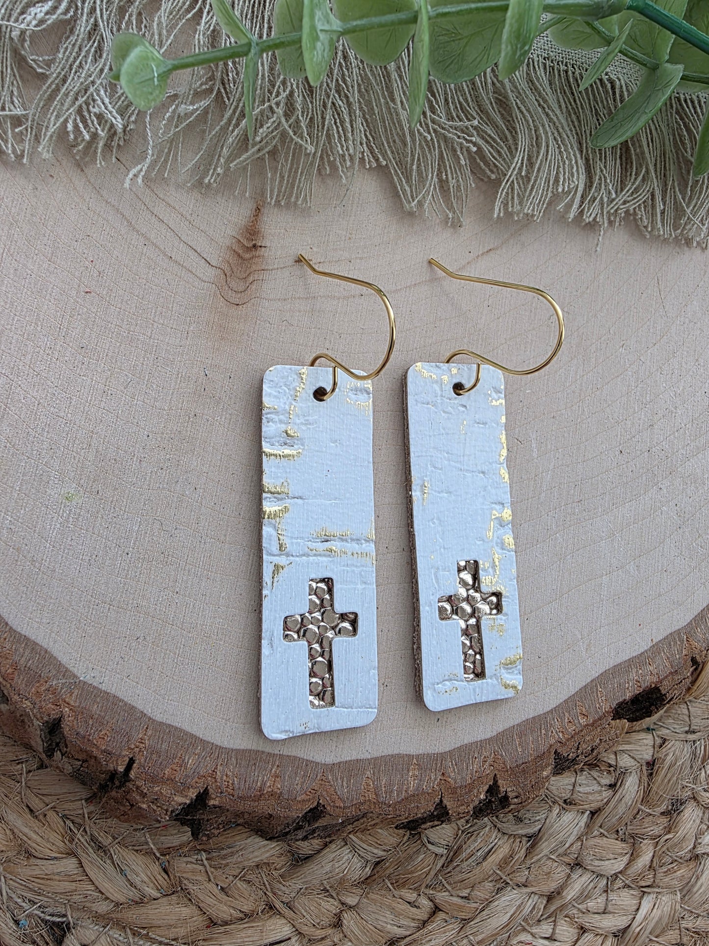 White & Gold Cross Bar Earrings