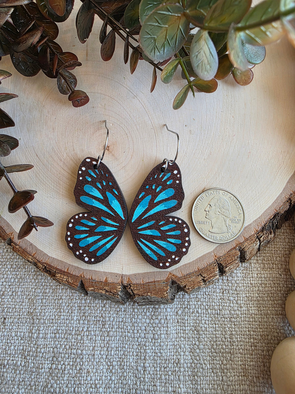 Blue Morpho Butterfly Wing Wood Earrings