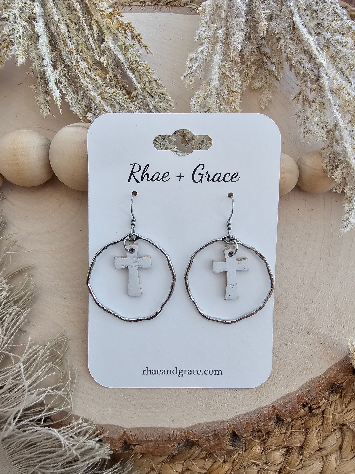 White & Siver Dainty Round Cross Earrings