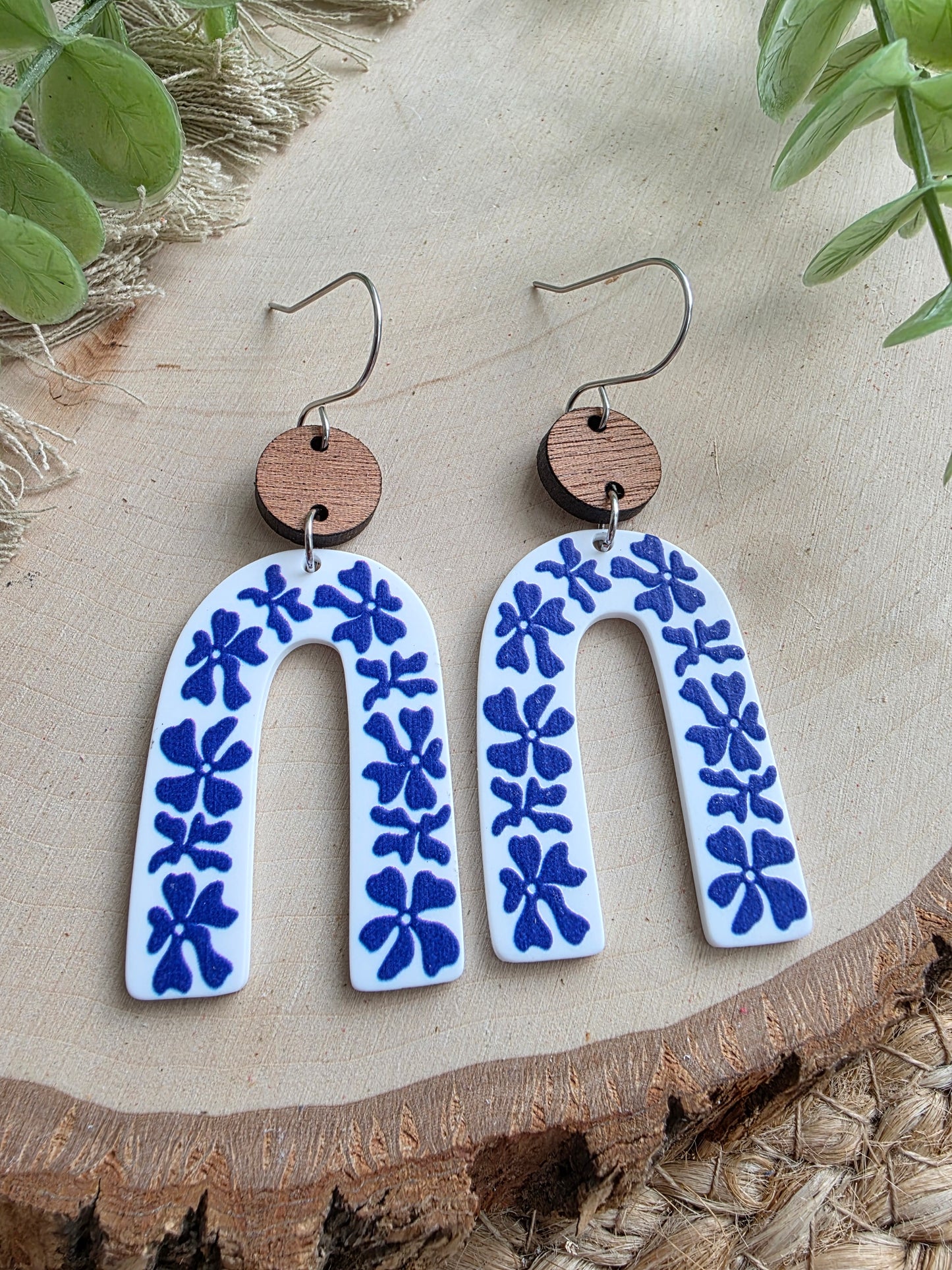 Blue & White Floral Acrylic Arch Earrings