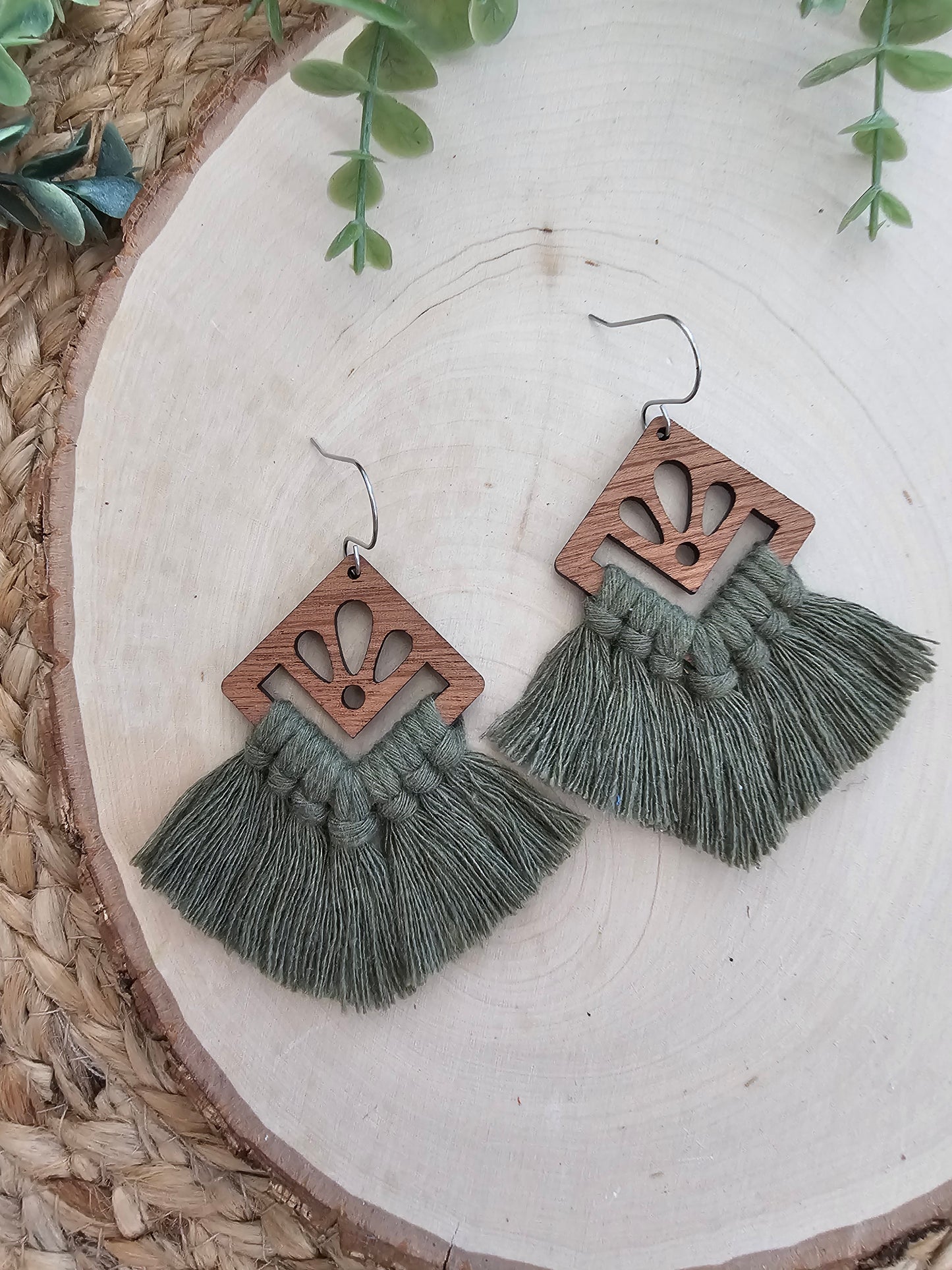 Olive Green Square Macramé Earrings