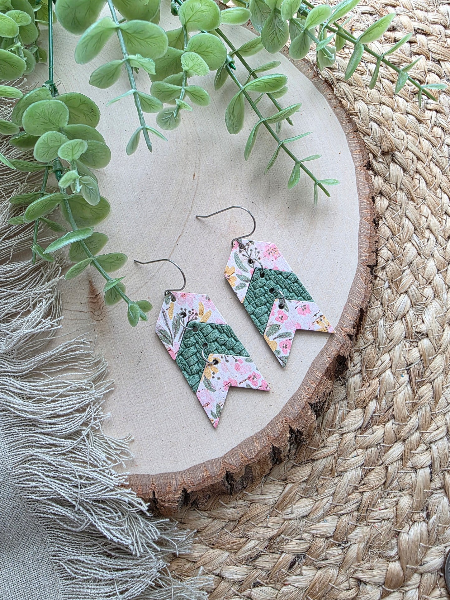 Pink & Green Floral Triple Chevron Arrow Earrings