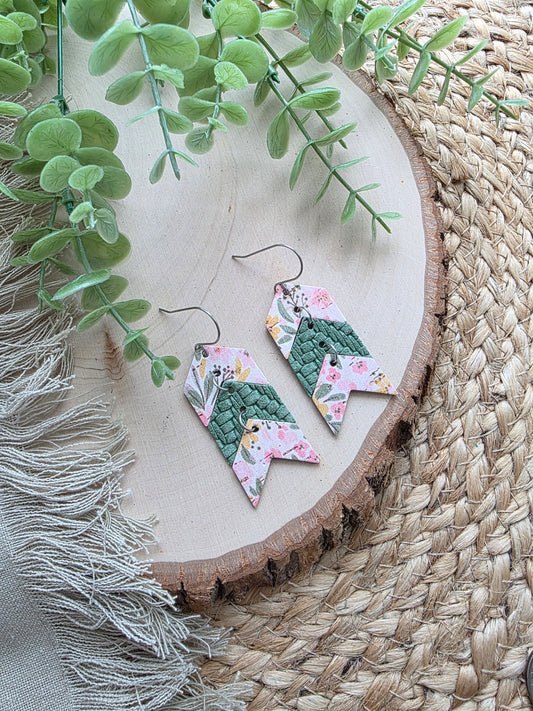 Pink & Green Floral Triple Chevron Arrow Earrings
