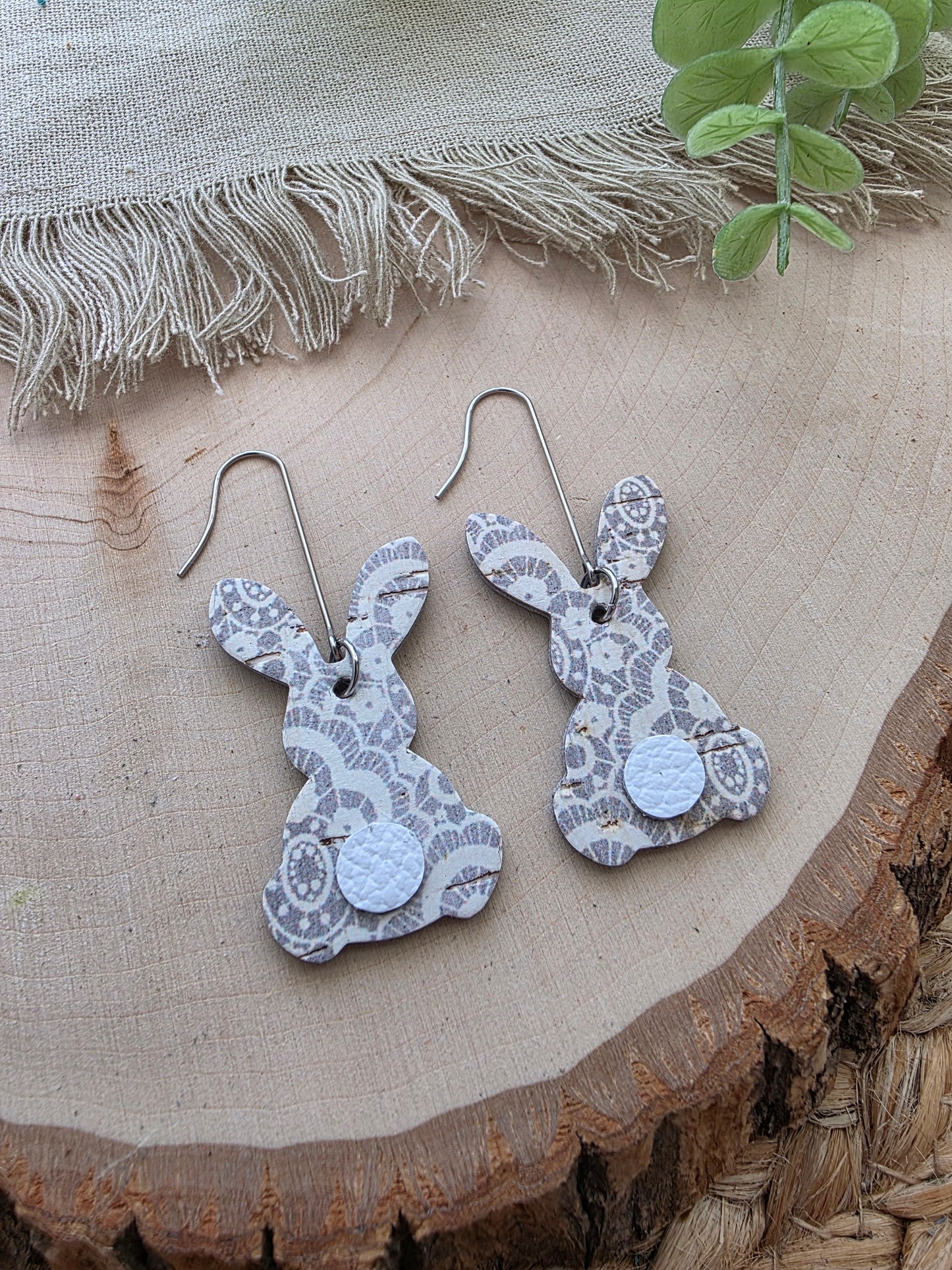 Gray & White Lace Bunny Earrings